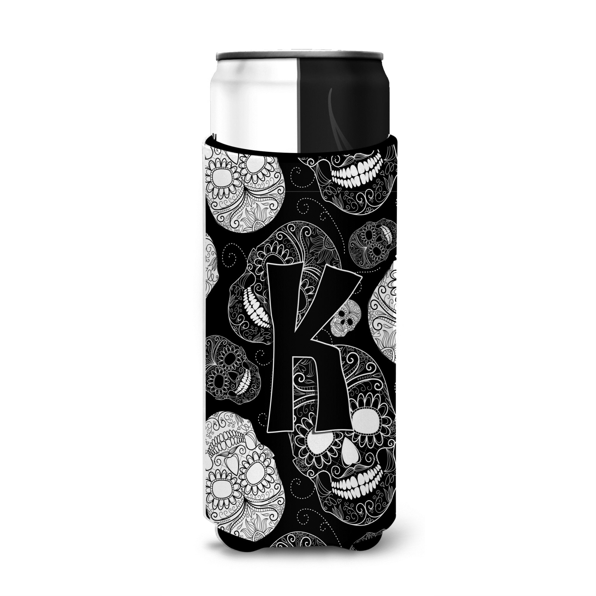 Letter K Day Of The Dead Skulls Black Ultra Beverage Insulators For Slim Cans Cj2008-Kmuk