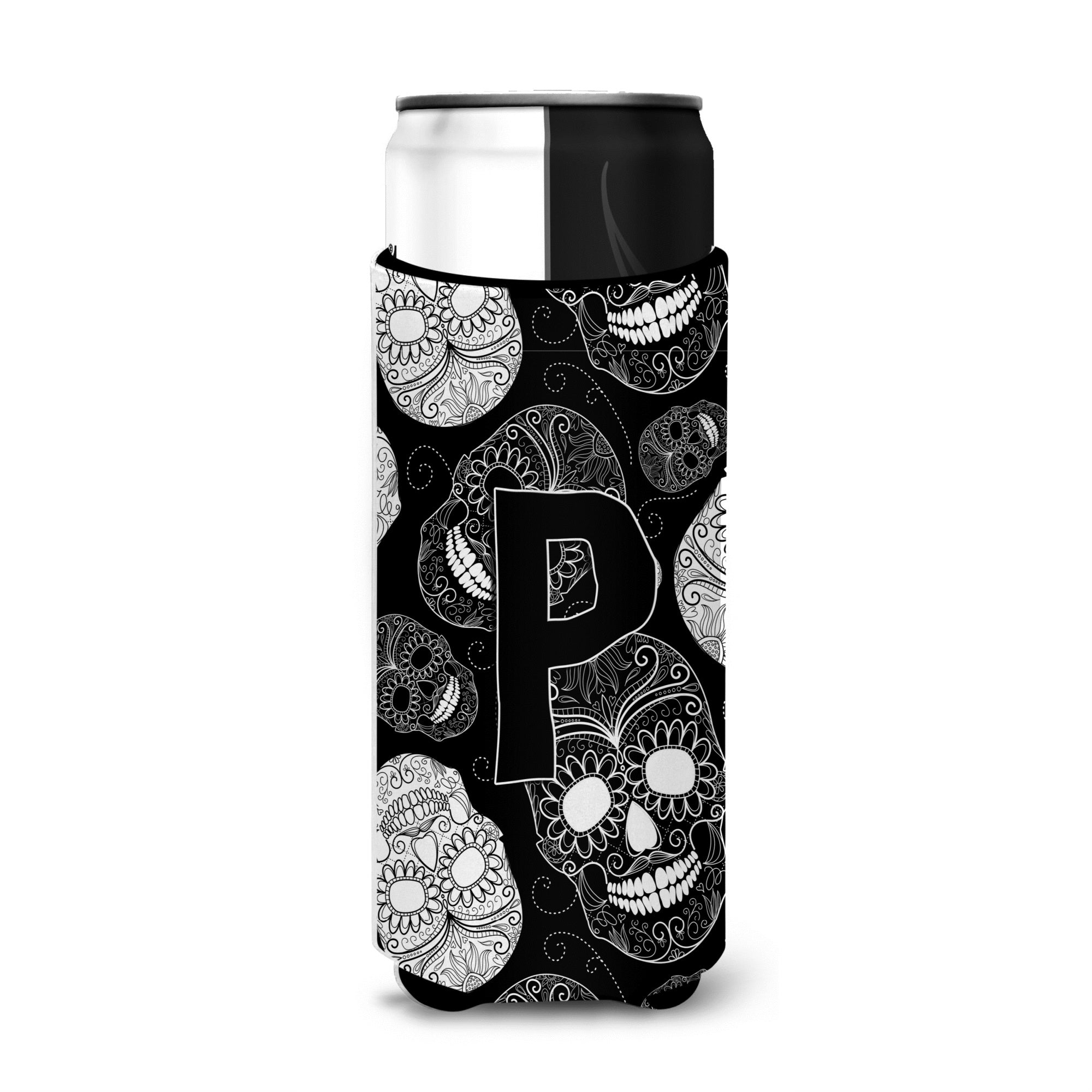 Letter P Day Of The Dead Skulls Black Ultra Beverage Insulators For Slim Cans Cj2008-Pmuk