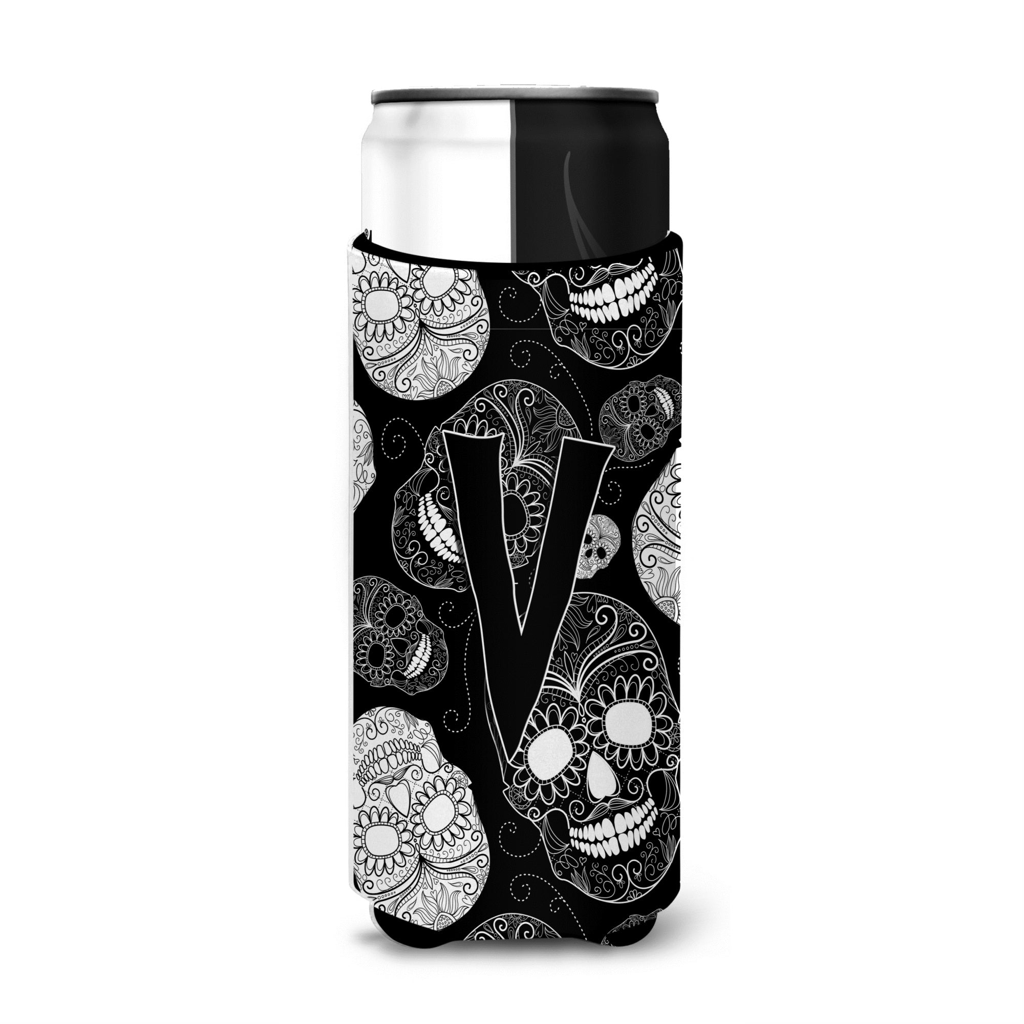 Letter V Day Of The Dead Skulls Black Ultra Beverage Insulators For Slim Cans Cj2008-Vmuk