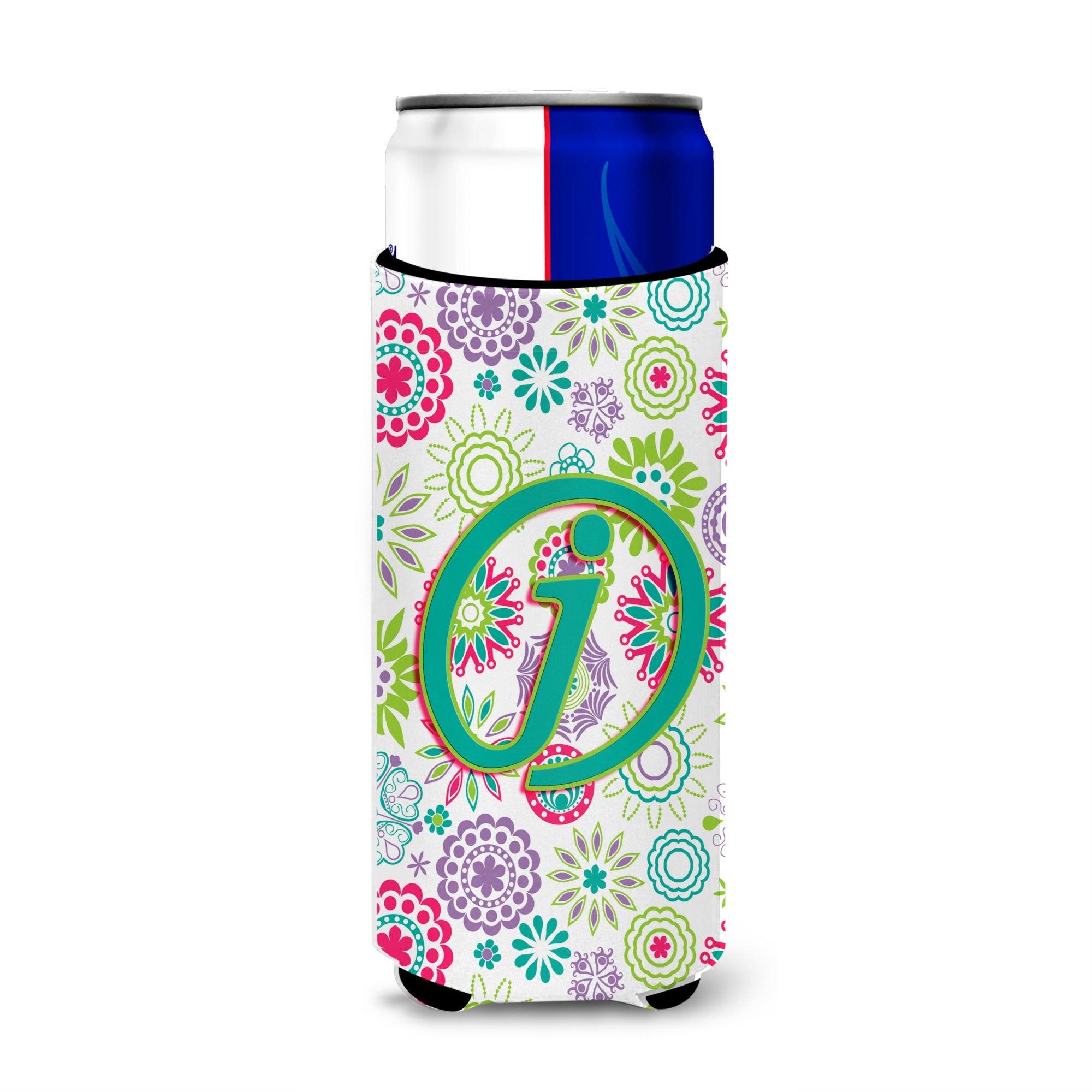 Letter J Flowers Pink Teal Green Initial Ultra Beverage Insulators For Slim Cans Cj2011-Jmuk