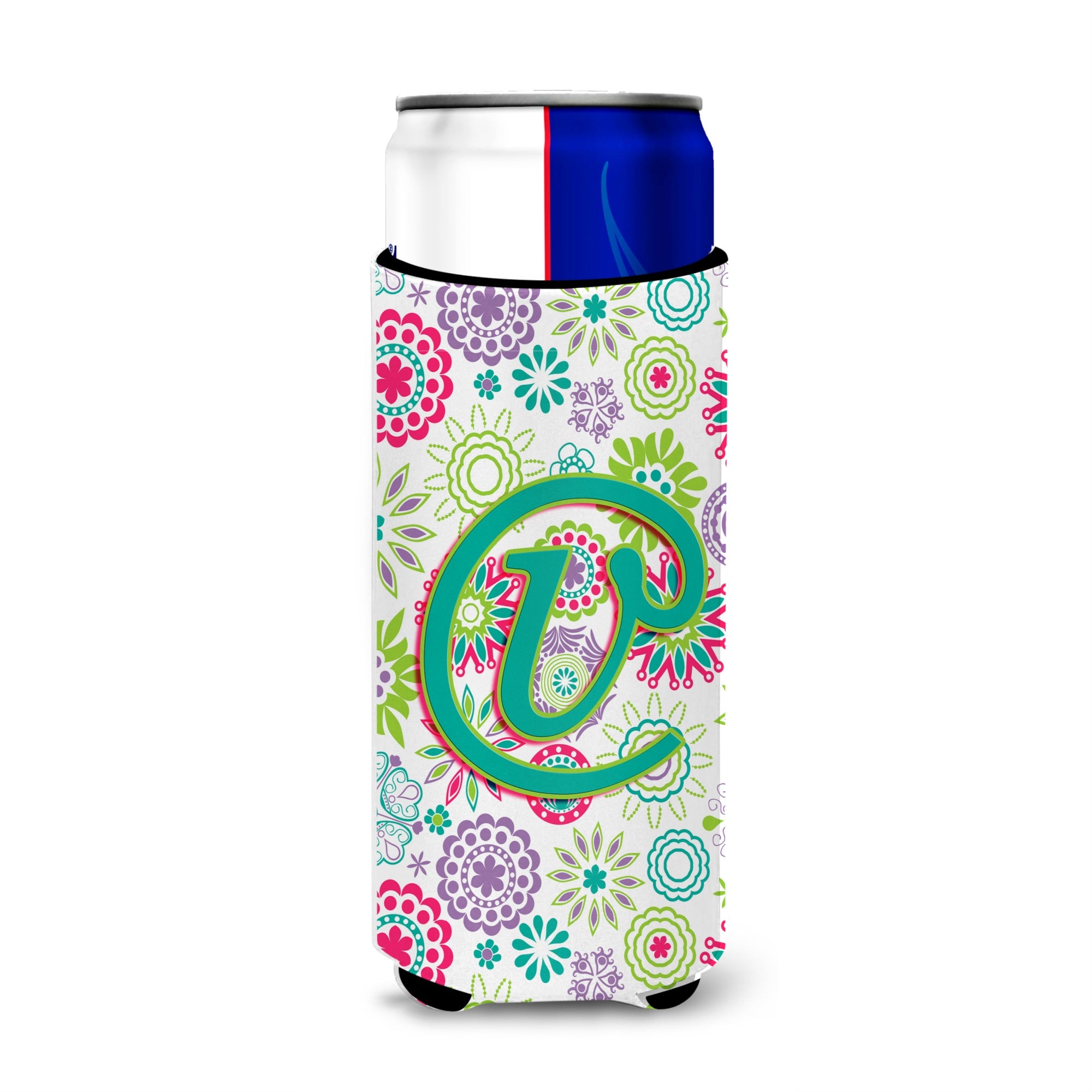 Letter V Flowers Pink Teal Green Initial Ultra Beverage Insulators For Slim Cans Cj2011-Vmuk
