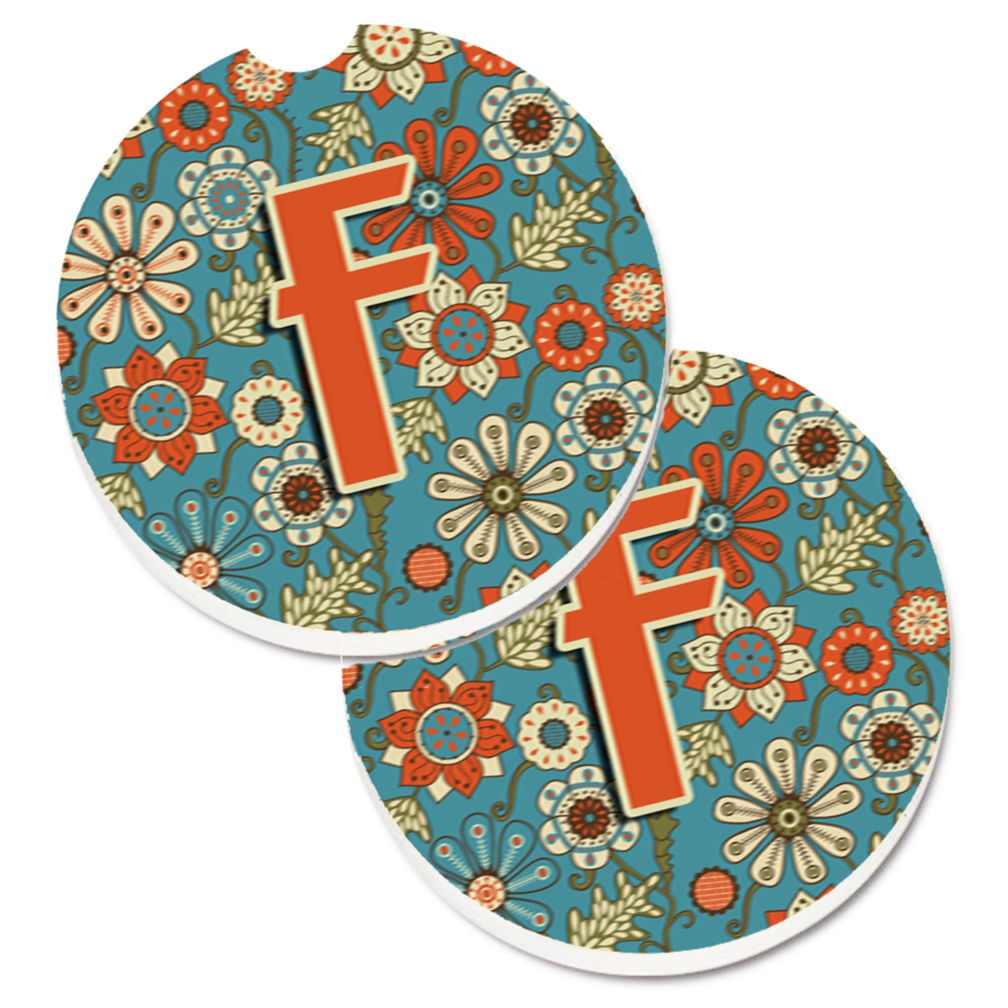 Caroline'S Treasures Letter F Flowers Retro Blue Set Of 2 Cup Holder Car Coasters Cj2012-Fcarc, 2.56, Multicolor