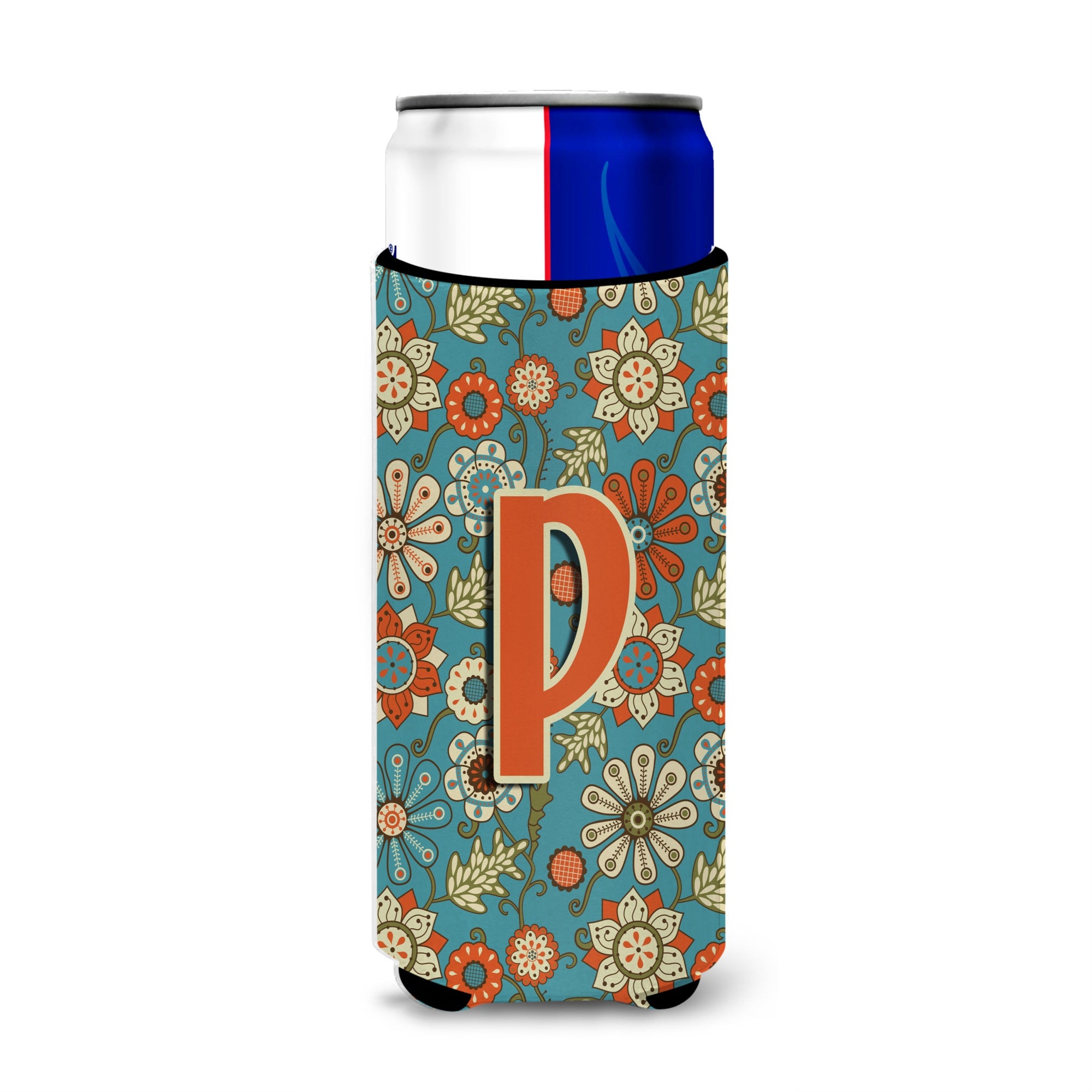Letter P Flowers Retro Blue Ultra Beverage Insulators For Slim Cans Cj2012-Pmuk