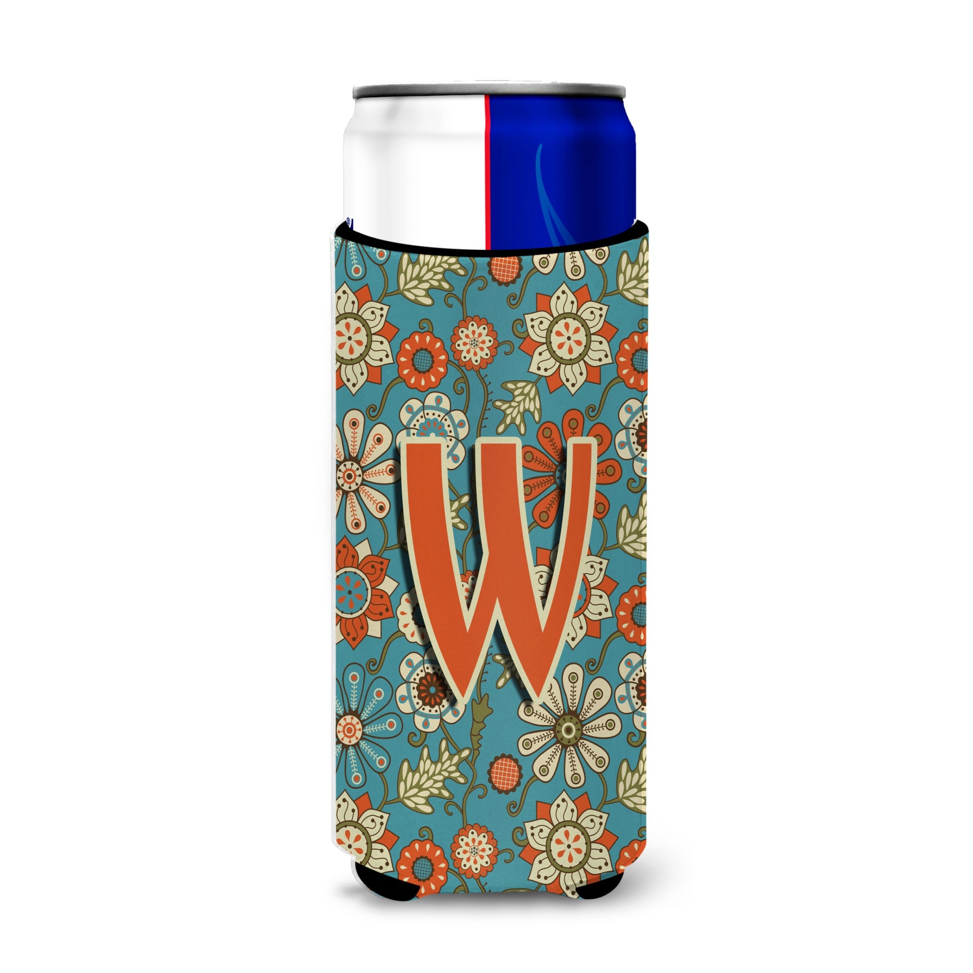 Letter W Flowers Retro Blue Ultra Beverage Insulators For Slim Cans Cj2012-Wmuk