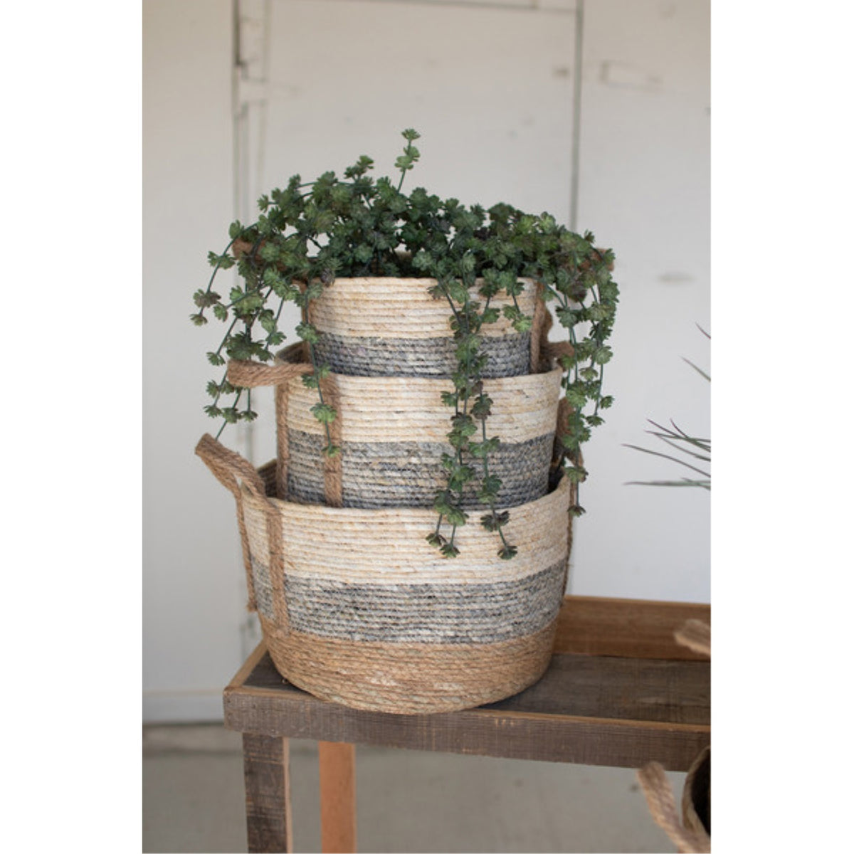 Set Of Three Round Rush Baskets - Grey