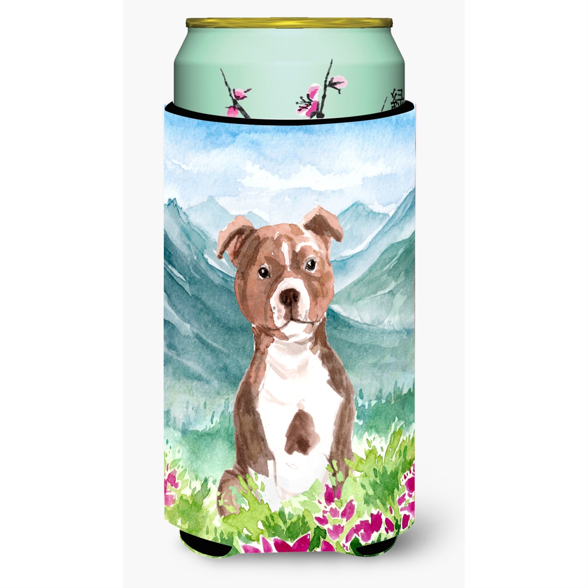 Caroline'S Treasures Ck1968Tbc Flowers Red Staffordshire Bull Terrier Tall Boy Hugger Cold-Beverage-Koozies, Multicolor