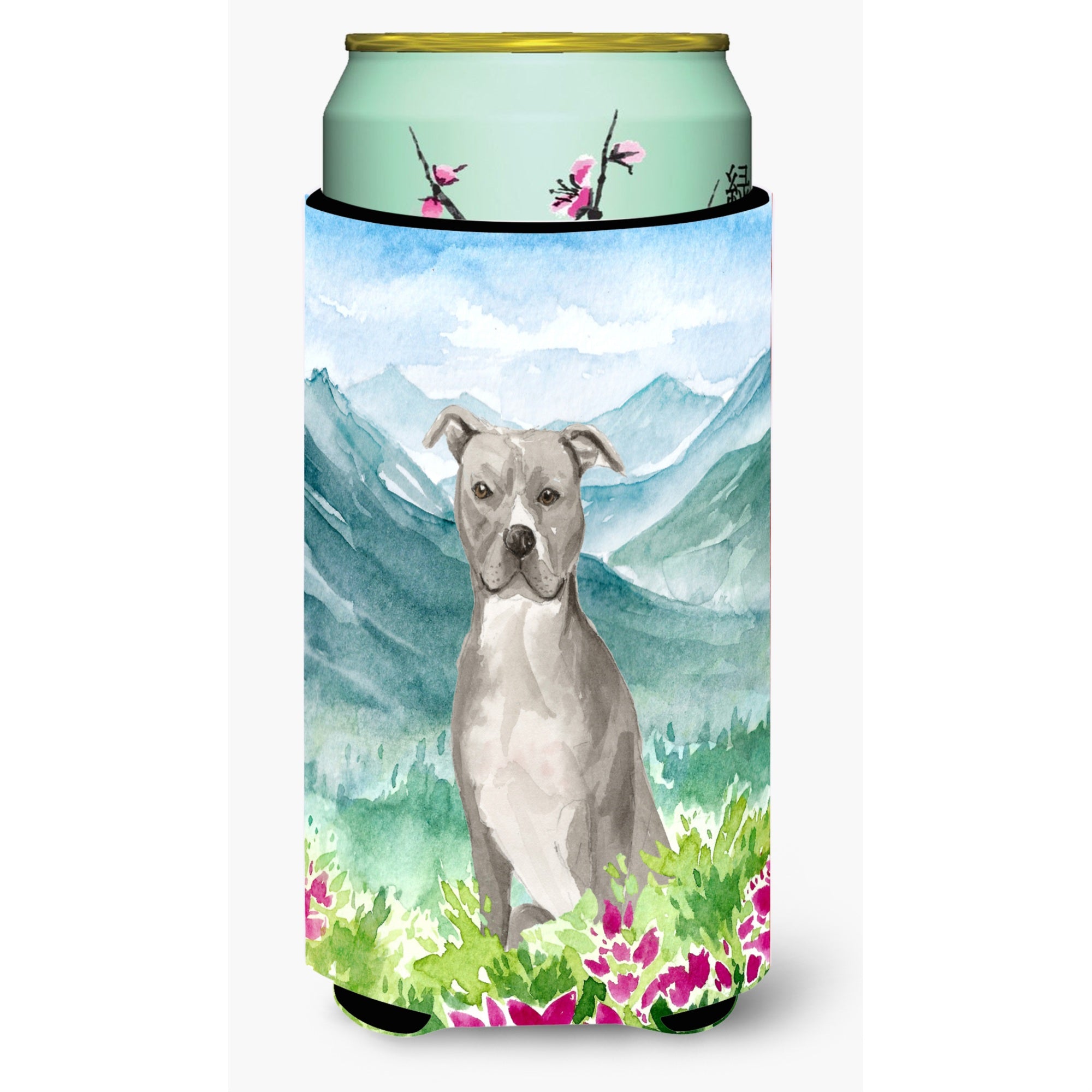 Caroline'S Treasures Ck1997Tbc Flowers Staffordshire Bull Terrier Tall Boy Hugger Cold-Beverage-Koozies, Multicolor