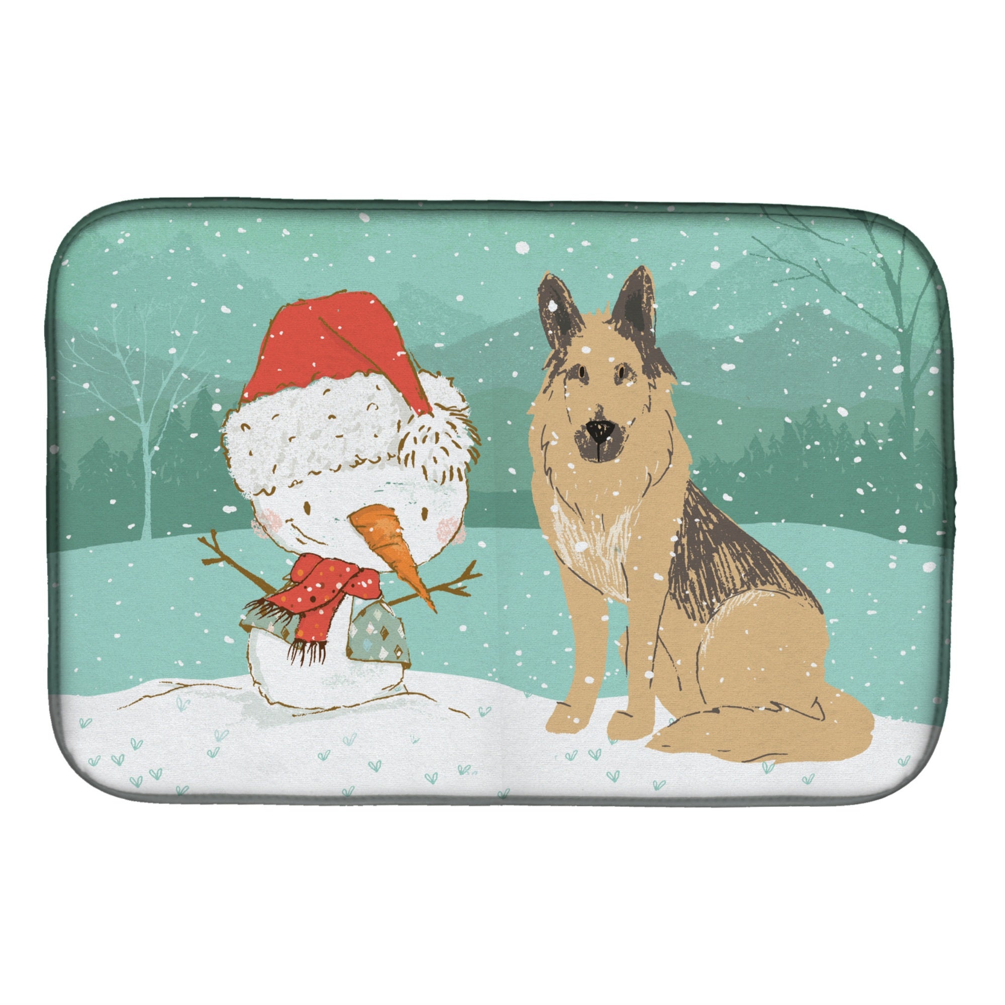 Caroline'S Treasures German Shepherd And Snowman Christmas Dish Drying Mat, 14 X 21