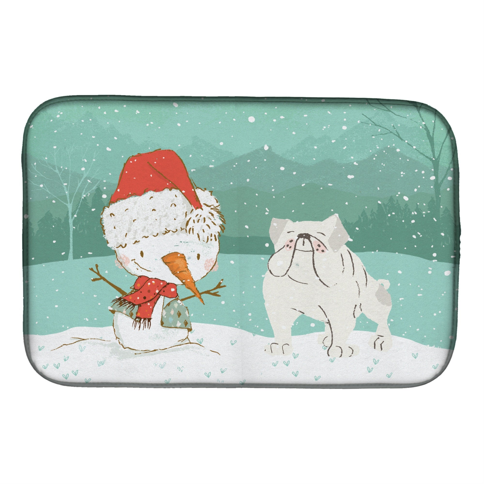 Caroline'S Treasures White English Bulldog Snowman Christmas Dish Drying Mat, 14 X 21