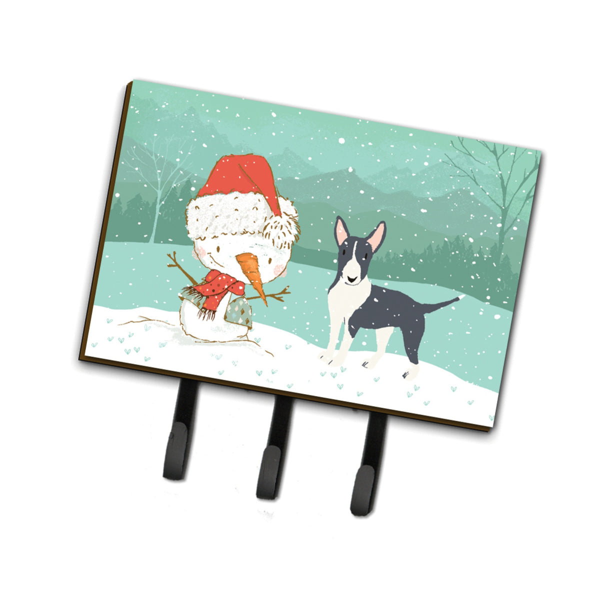 Caroline'S Treasures Black Bull Terrier Snowman Christmas Leash Or Key Holder Hooks, Multicolor