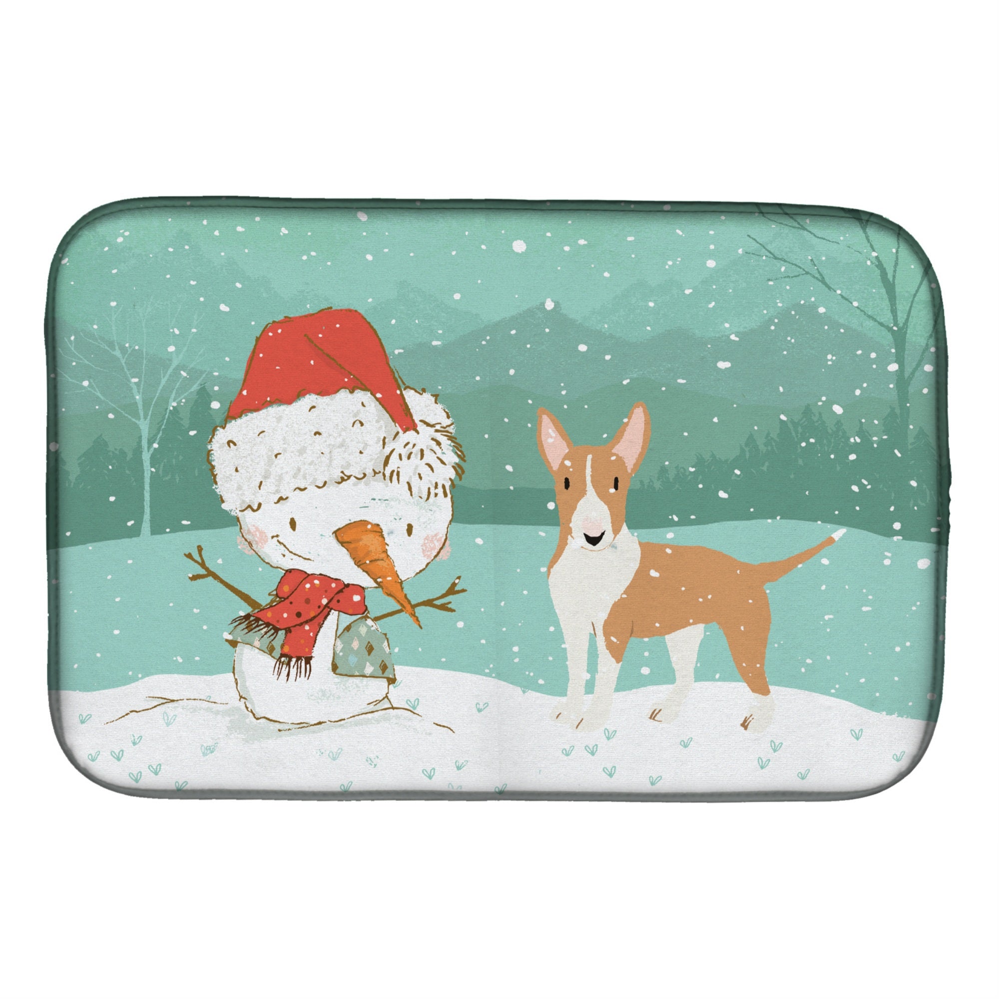 Caroline'S Treasures Fawn Bull Terrier Snowman Christmas Dish Drying Mat, 14 X 21