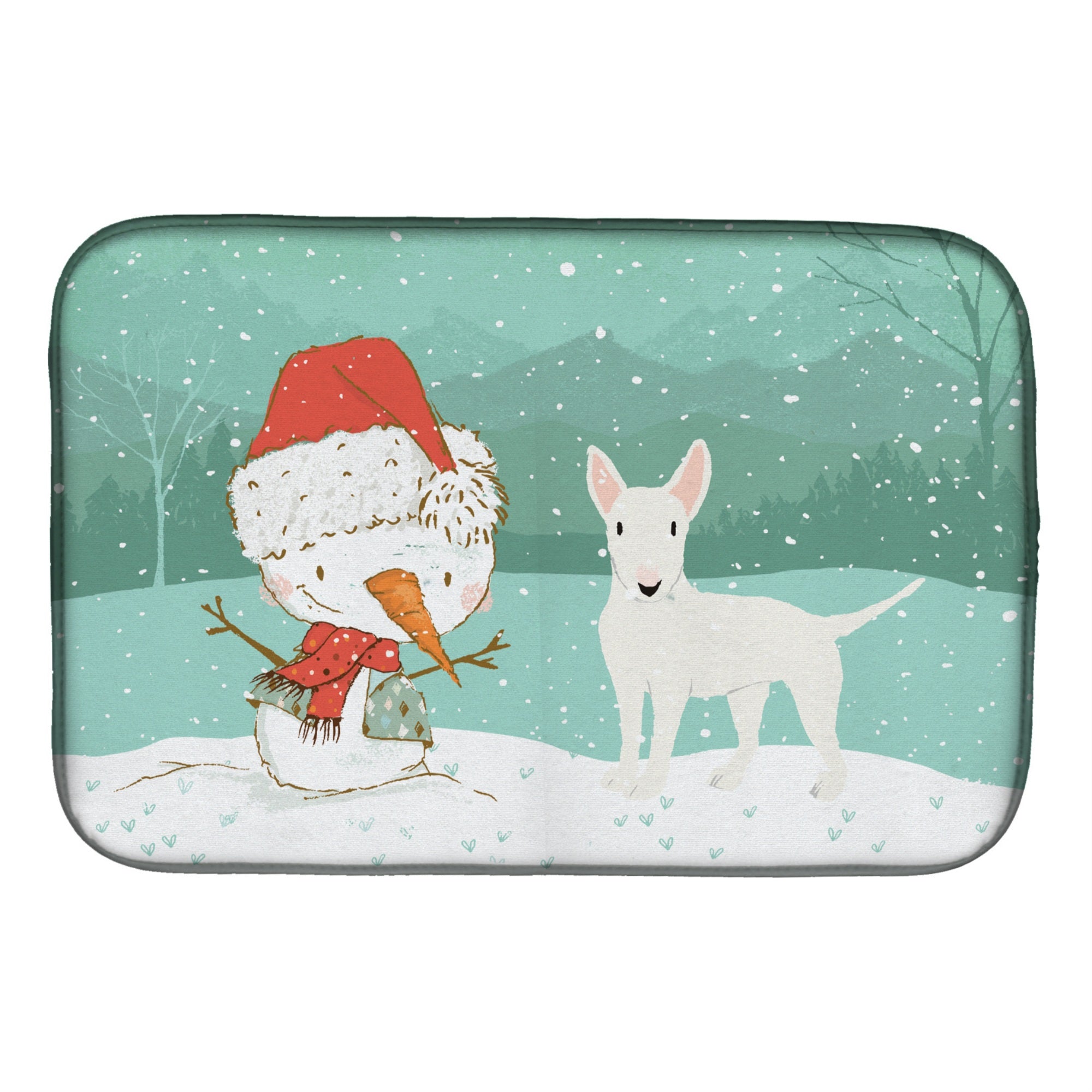 Caroline'S Treasures White Bull Terrier Snowman Christmas Dish Drying Mat, 14 X 21