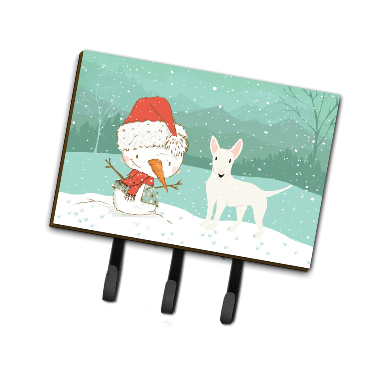 Caroline'S Treasures White Bull Terrier Snowman Christmas Leash Or Key Holder Hooks