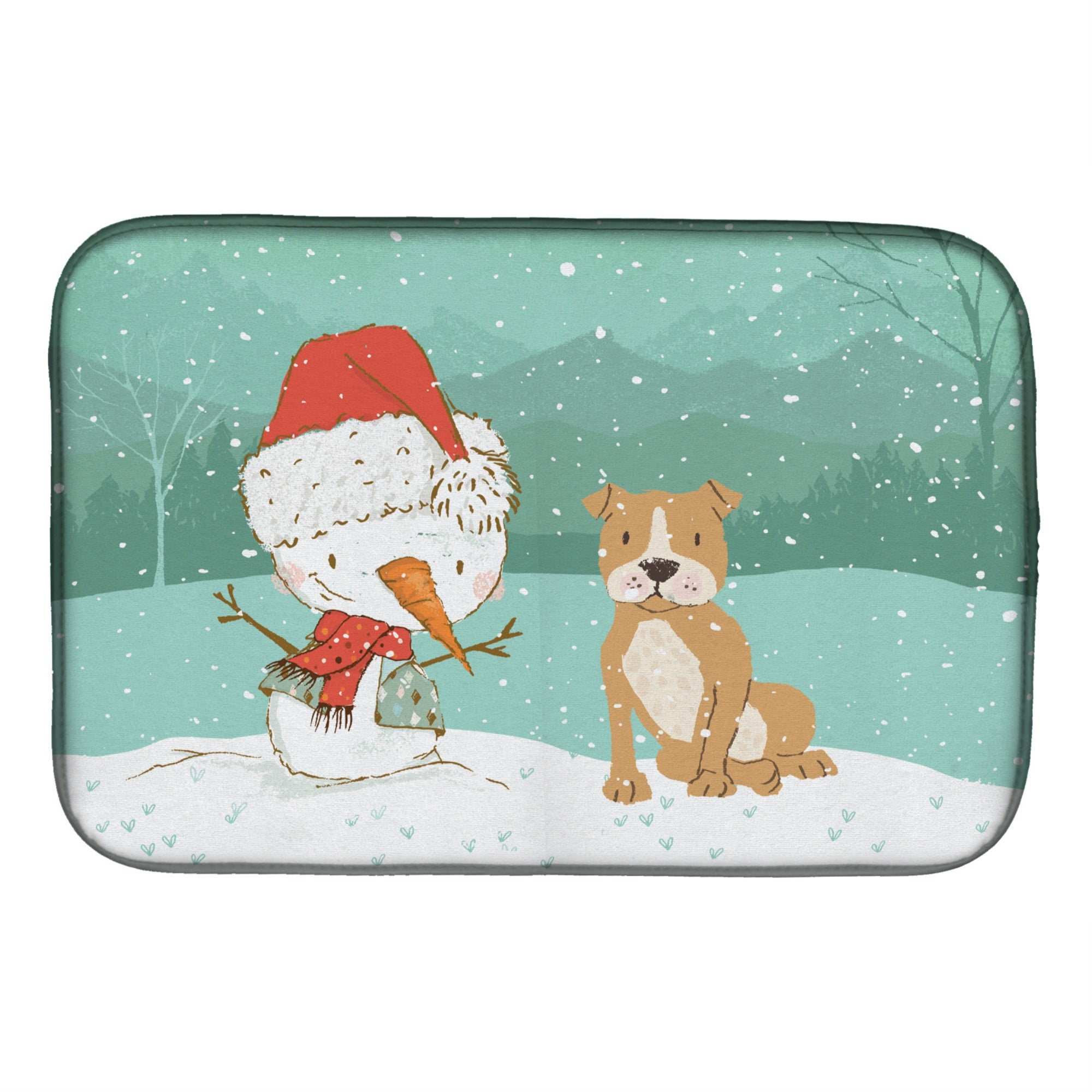 Caroline'S Treasures Brown Staffie Snowman Christmas Dish Drying Mat, 14 X 21