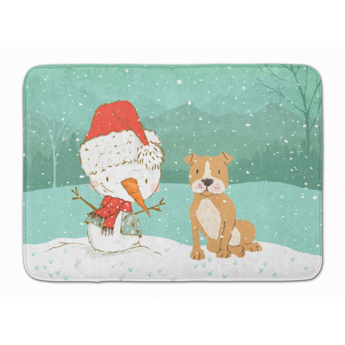 Caroline'S Treasures Brown Staffie Snowman Christmas Machine Washable Memory Foam Mat, Multicolor