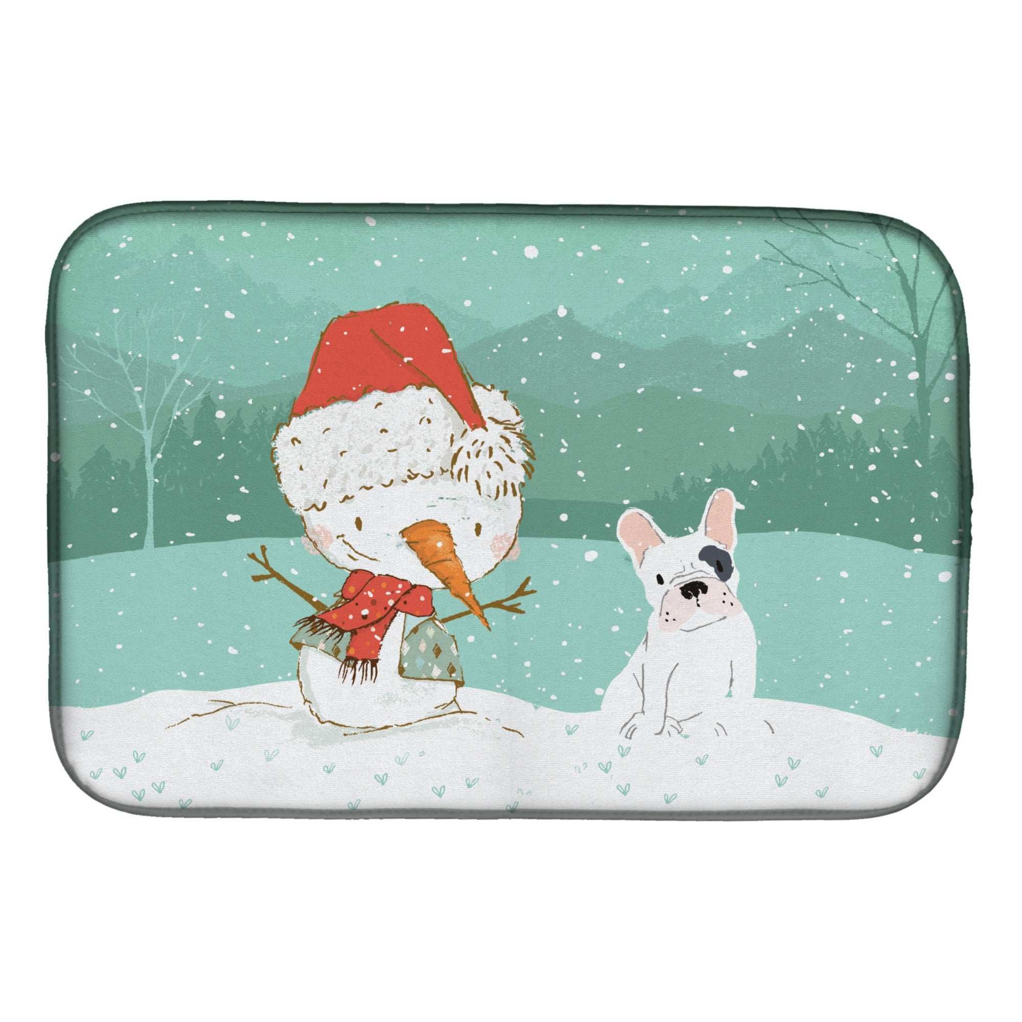 Caroline'S Treasures Piebald French Bulldog Snowman Christmas Dish Drying Mat, 14 X 21