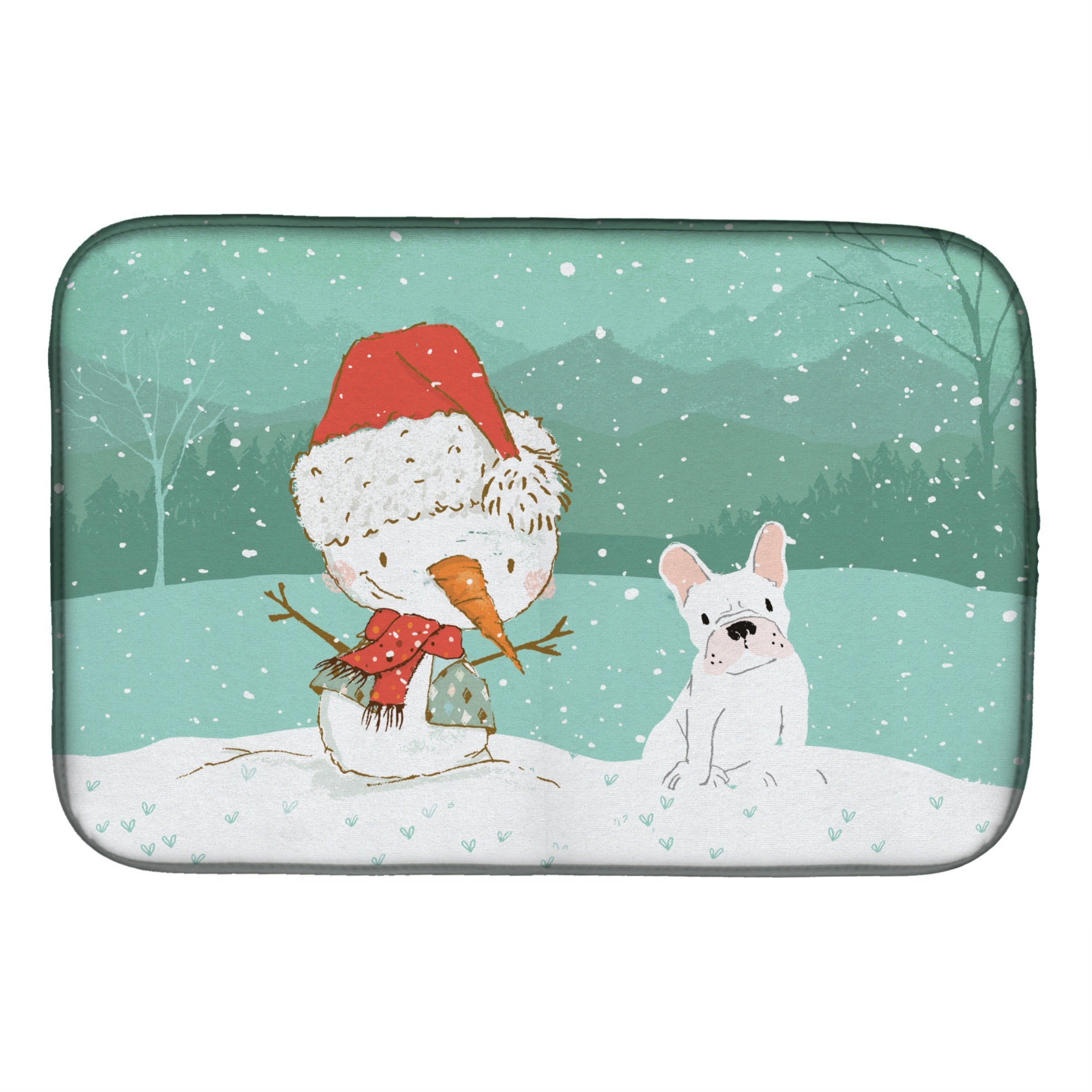 Caroline'S Treasures White French Bulldog Snowman Christmas Dish Drying Mat, 14 X 21