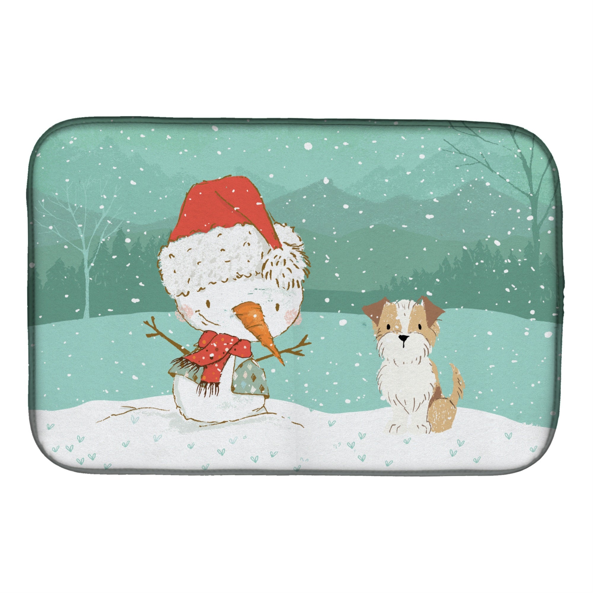 Caroline'S Treasures Brown And White Terrier Snowman Christmas Dish Drying Mat, 14 X 21, Multicolor