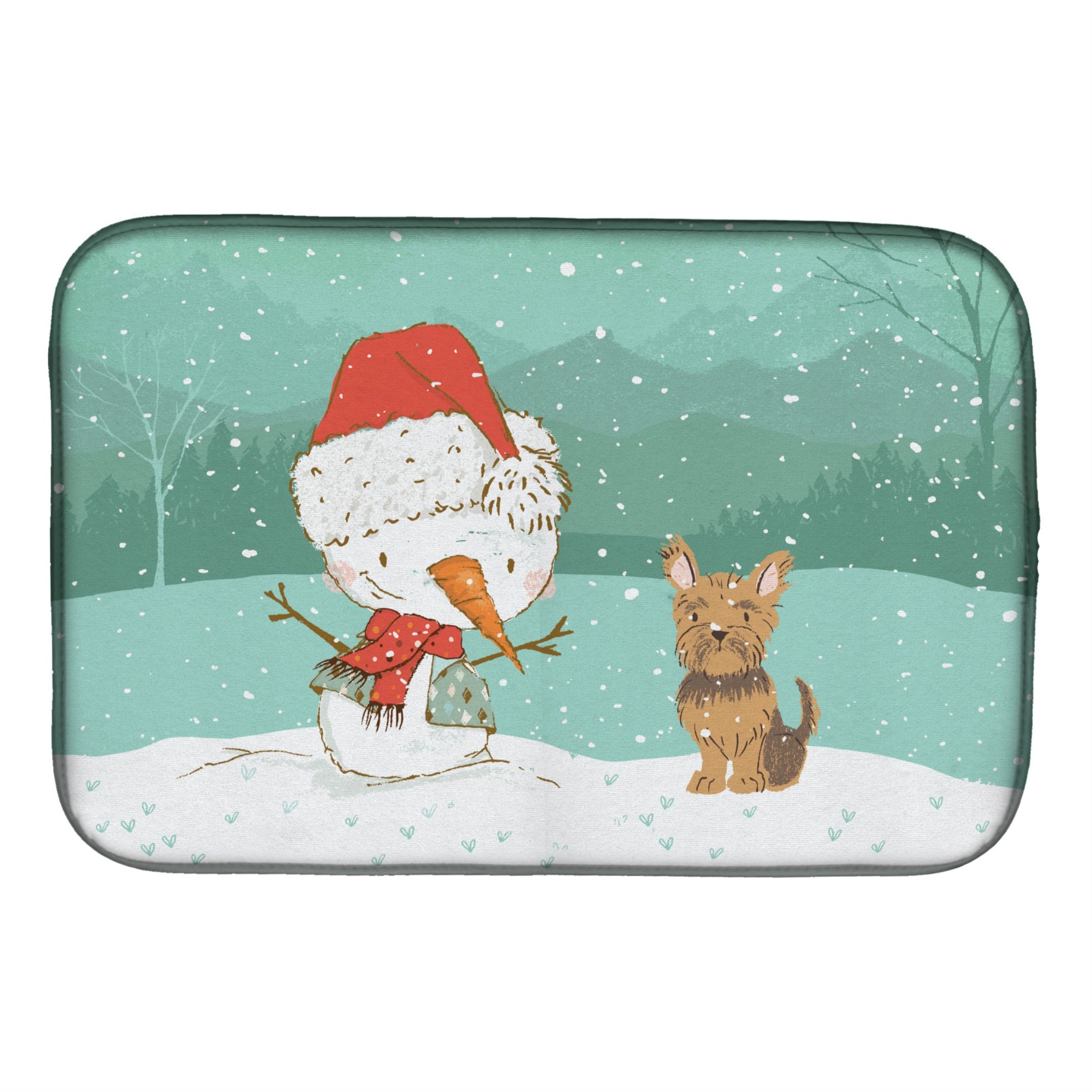 Caroline'S Treasures Yorkie Cropped Ears Snowman Christmas Dish Drying Mat, 14 X 21