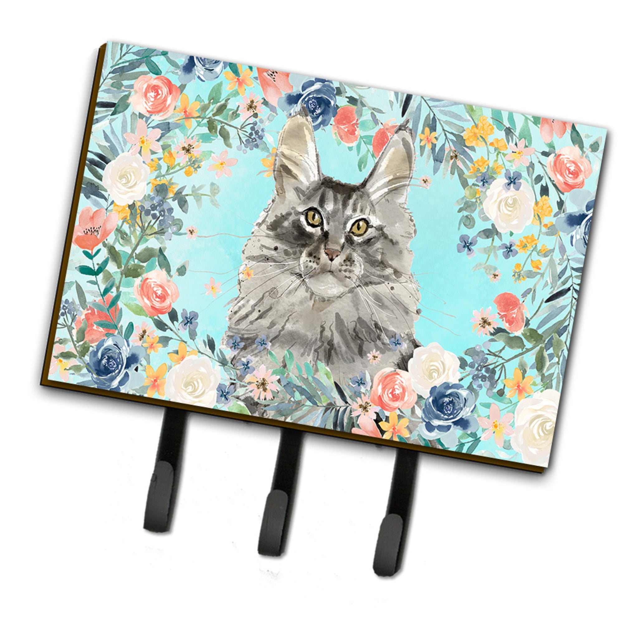 Caroline'S Treasures Maine Coon Spring Flowers Leash Or Key Holder Hooks, Multicolor
