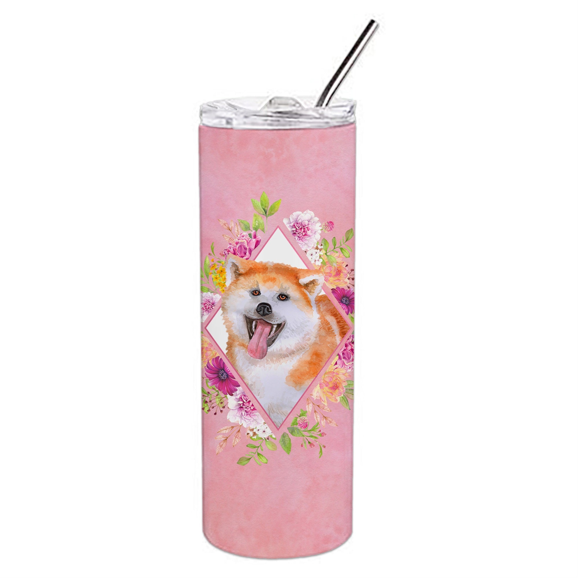 Caroline'S Treasures Akita Pink Flowers Double Walled Stainless Steel 20 Oz Skinny Travel-Insulated-Tumblers, Multicolor