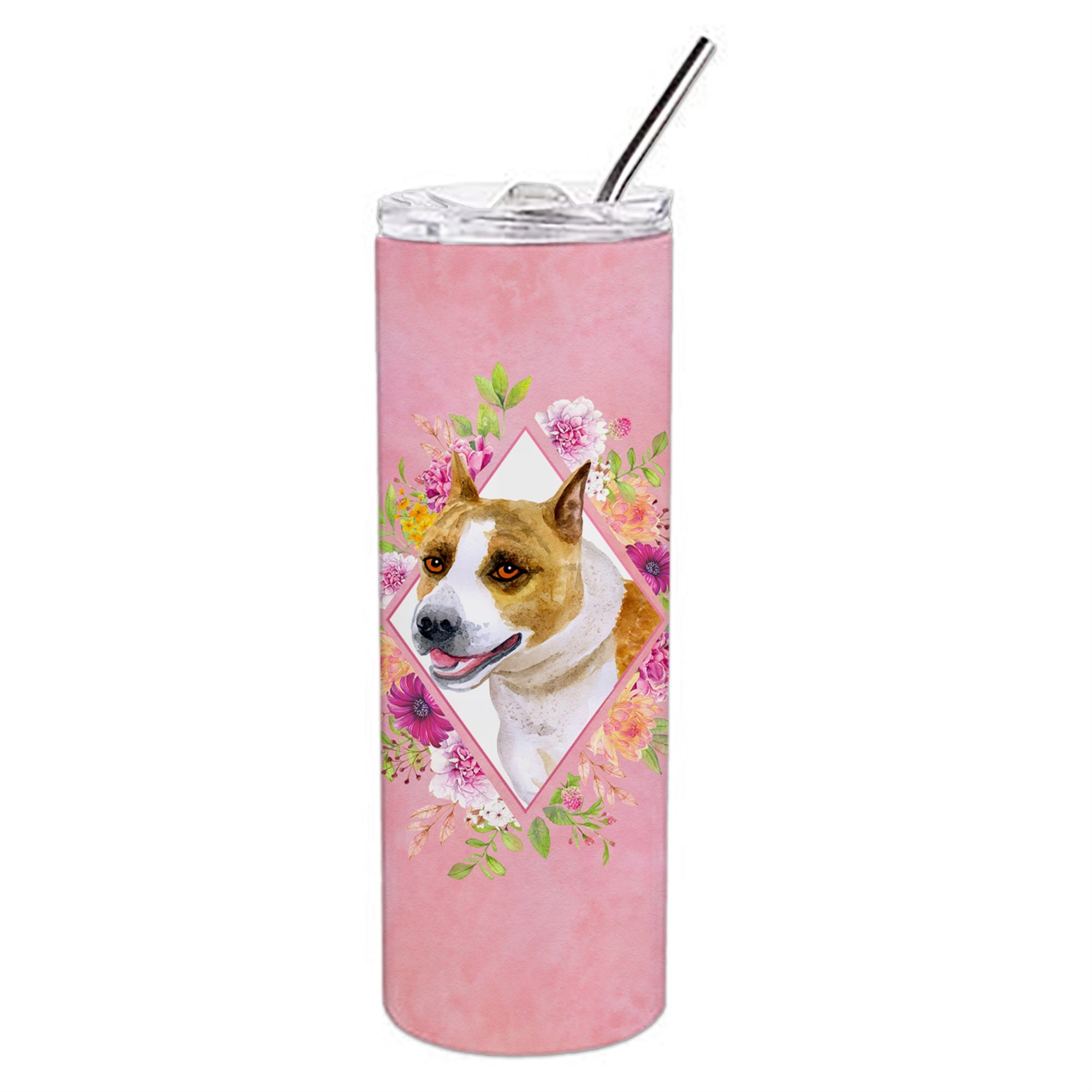 Caroline'S Treasures Bull Terrier Pink Flowers Double Walled Stainless Steel 20 Oz Skinny Travel-Insulated-Tumblers, Multicolo