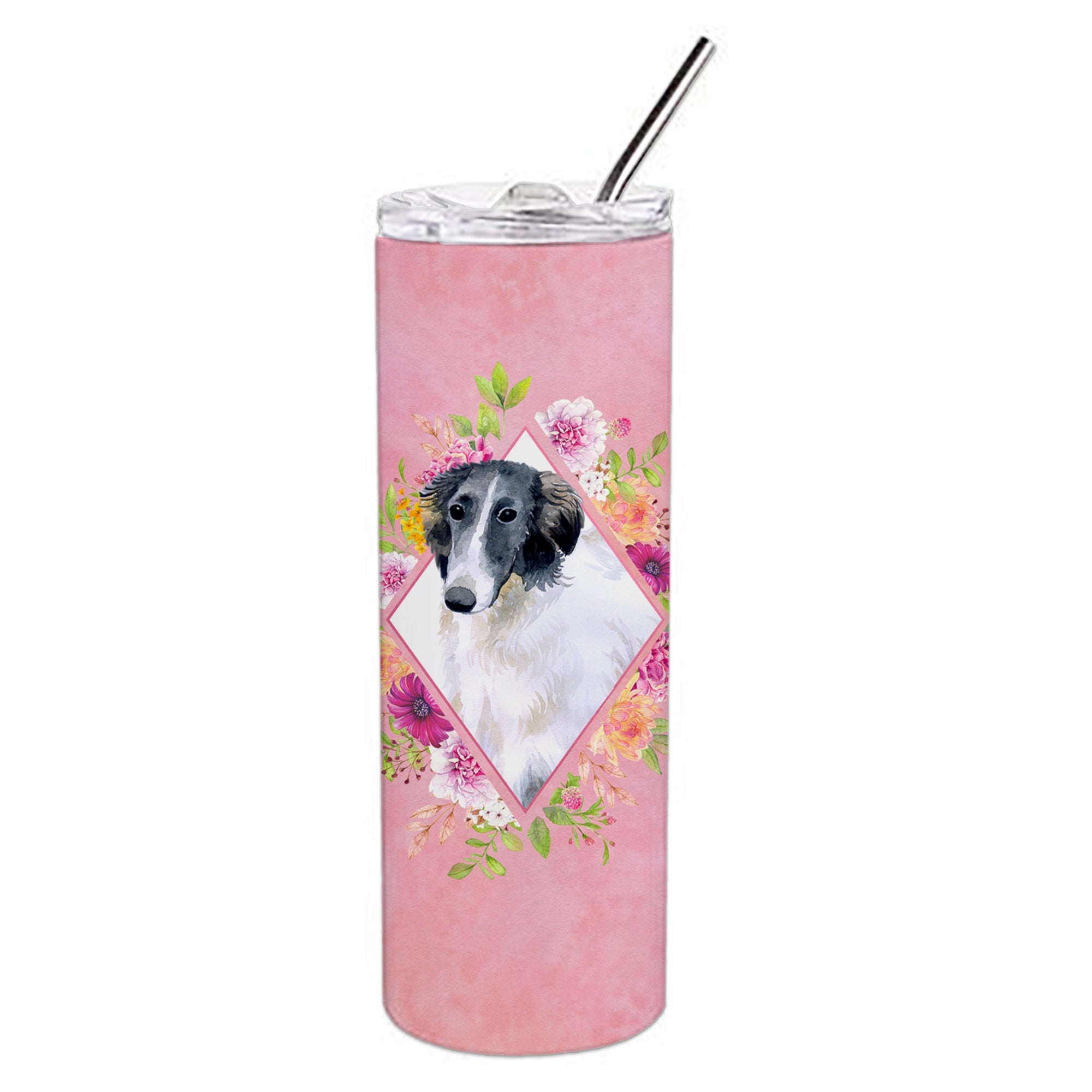 Caroline'S Treasures Borzoi Pink Flowers Double Walled Stainless Steel 20 Oz Skinny Travel-Insulated-Tumblers, Multicolor