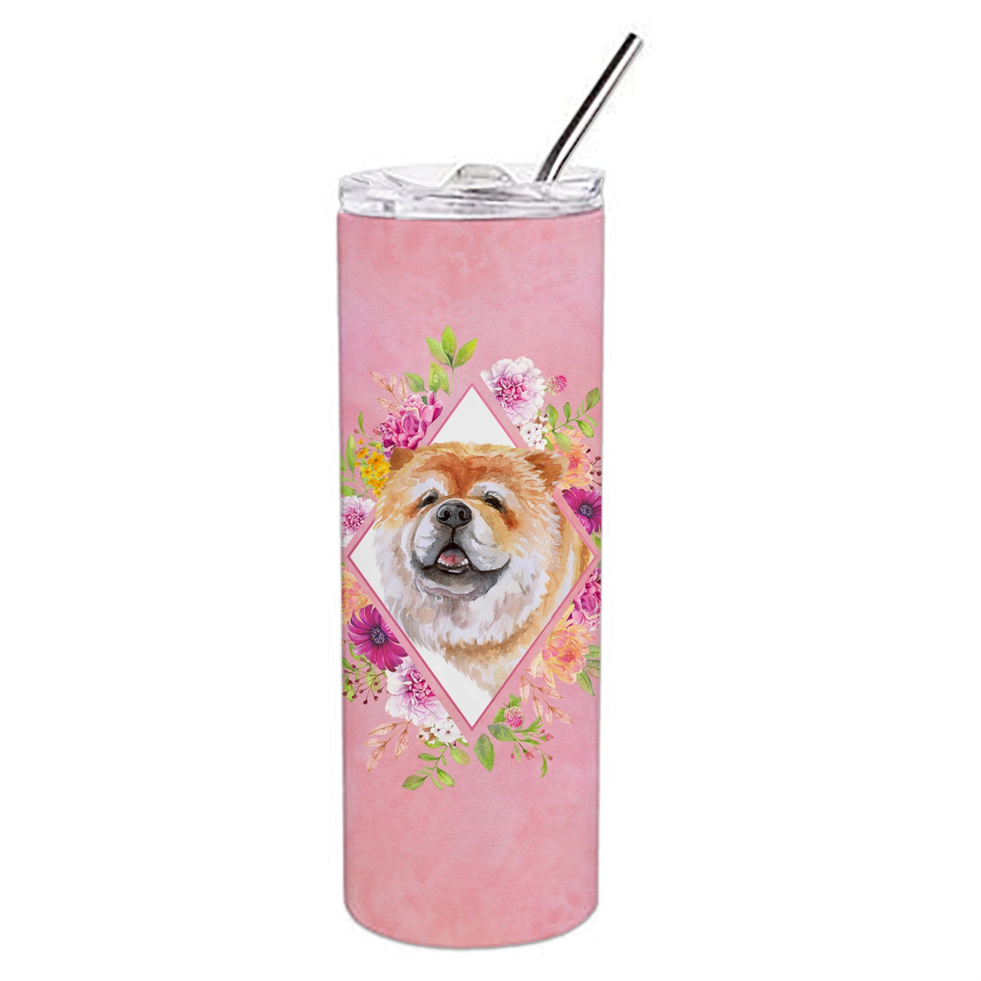 Caroline'S Treasures Chow #2 Pink Flowers Double Walled Stainless Steel 20 Oz Skinny Travel-Insulated-Tumblers, Multicolor