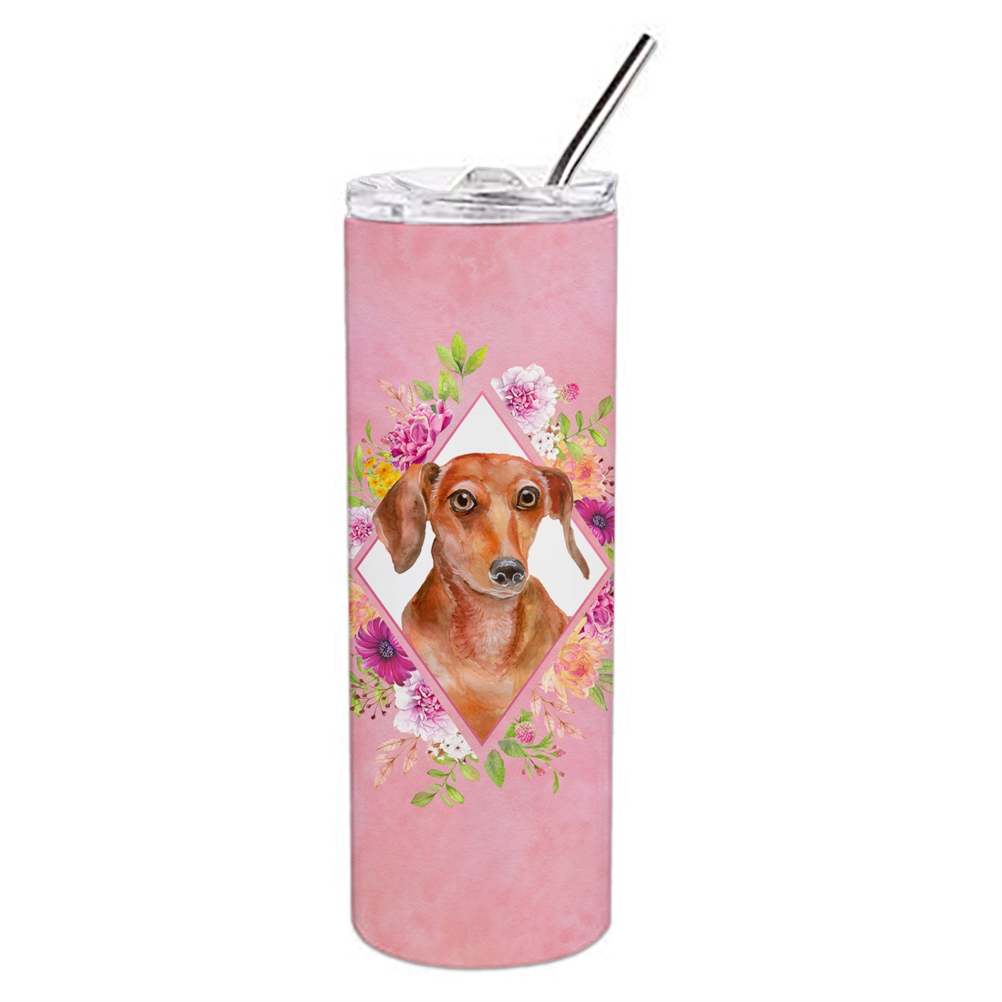 Caroline'S Treasures Dachshund Red #2 Pink Flowers Double Walled Stainless Steel 20 Oz Skinny Travel-Insulated-Tumblers, Multi
