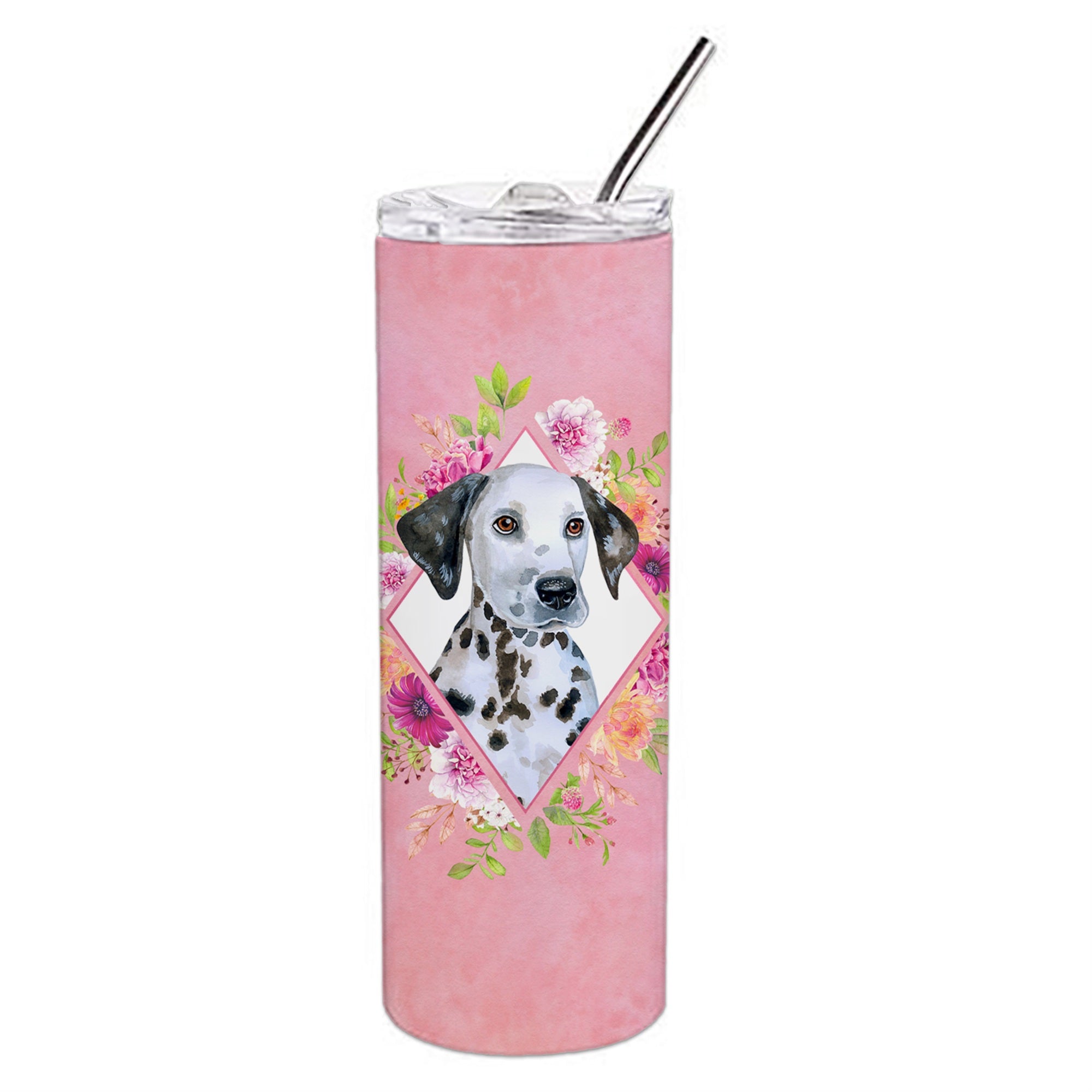 Caroline'S Treasures Dalmatian Puppy Pink Flowers Double Walled Stainless Steel 20 Oz Skinny Travel-Insulated-Tumblers, Multic