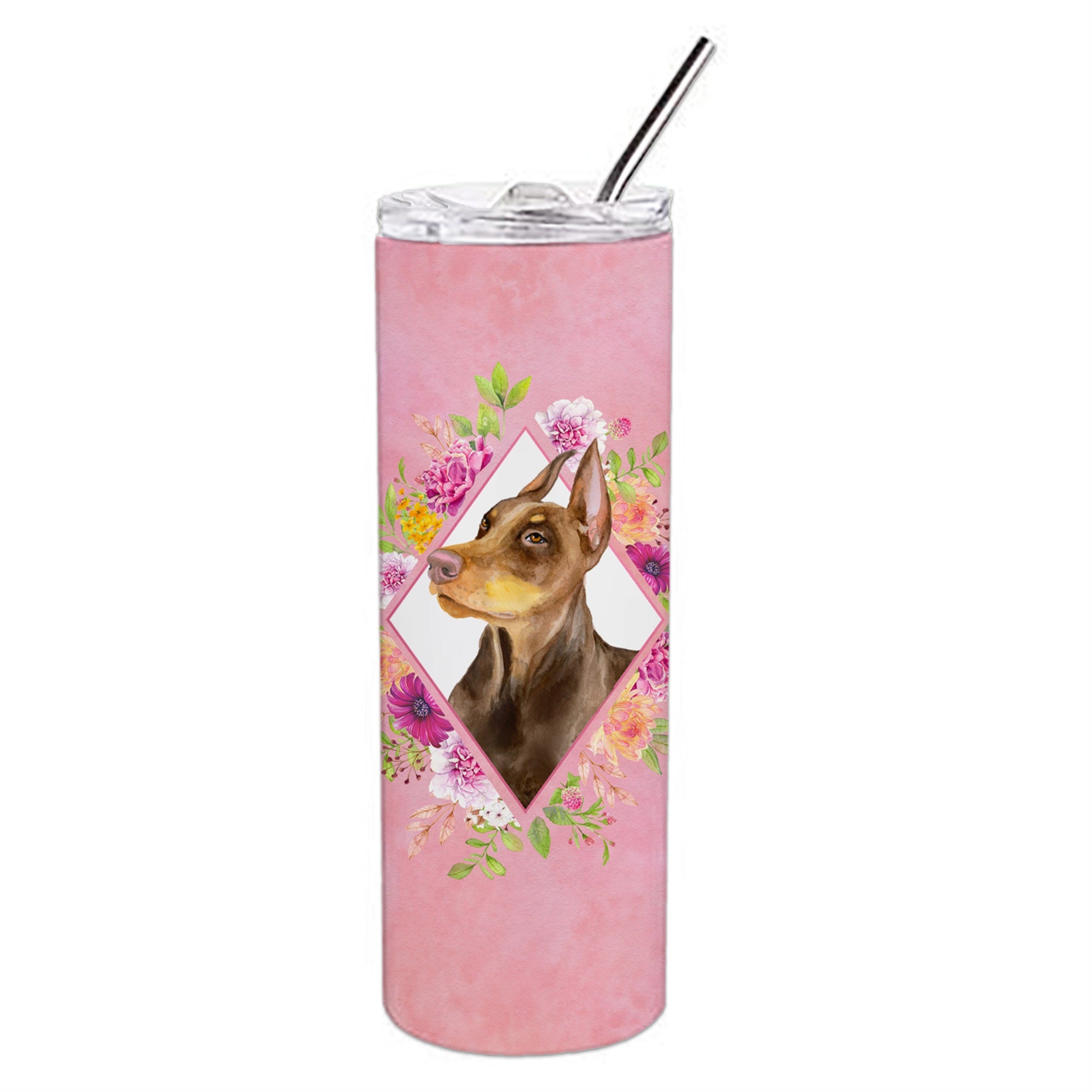 Caroline'S Treasures Doberman Pinscher Pink Flowers Double Walled Stainless Steel 20 Oz Skinny Travel-Insulated-Tumblers, Mult