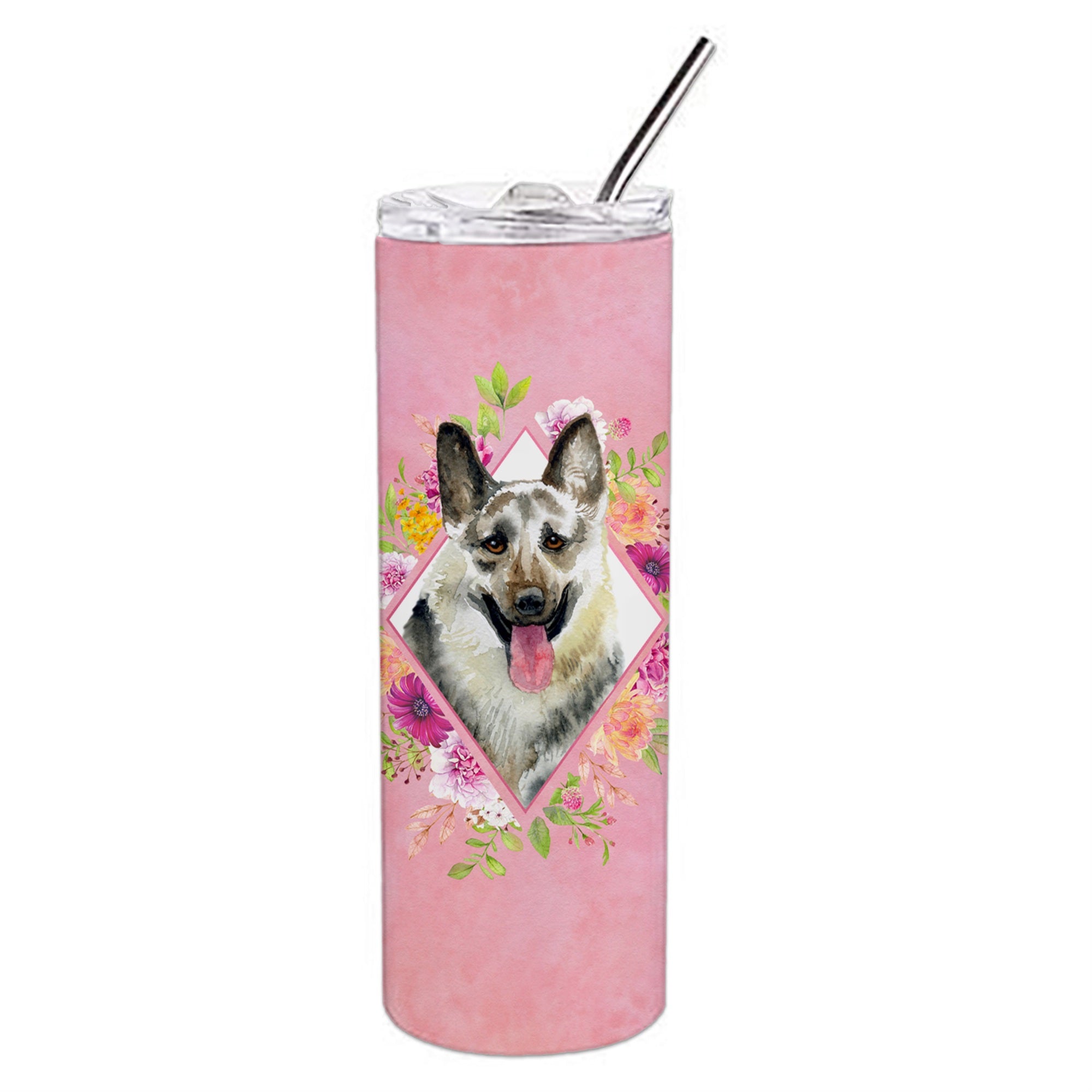 Caroline'S Treasures Eastern German Shepherd Pink Flowers Stainless Steel 20 Oz Skinny Travel-Insulated-Tumblers, Multicolor