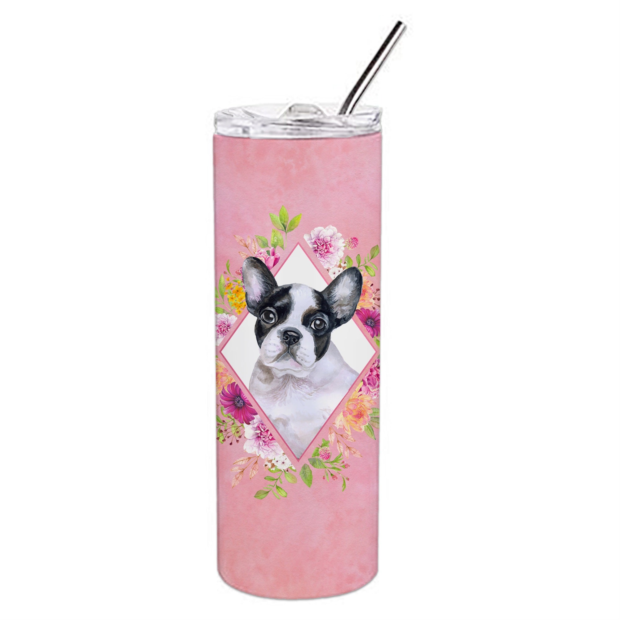 Caroline'S Treasures French Bulldog Pink Flowers Double Walled Stainless Steel 20 Oz Skinny Travel-Insulated-Tumblers, Multico