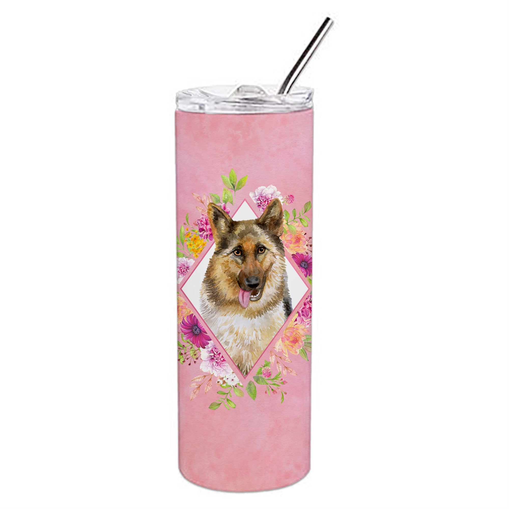 Caroline'S Treasures German Shepherd #1 Pink Flowers Double Walled Stainless Steel 20 Oz Skinny Travel-Insulated-Tumblers, Mul
