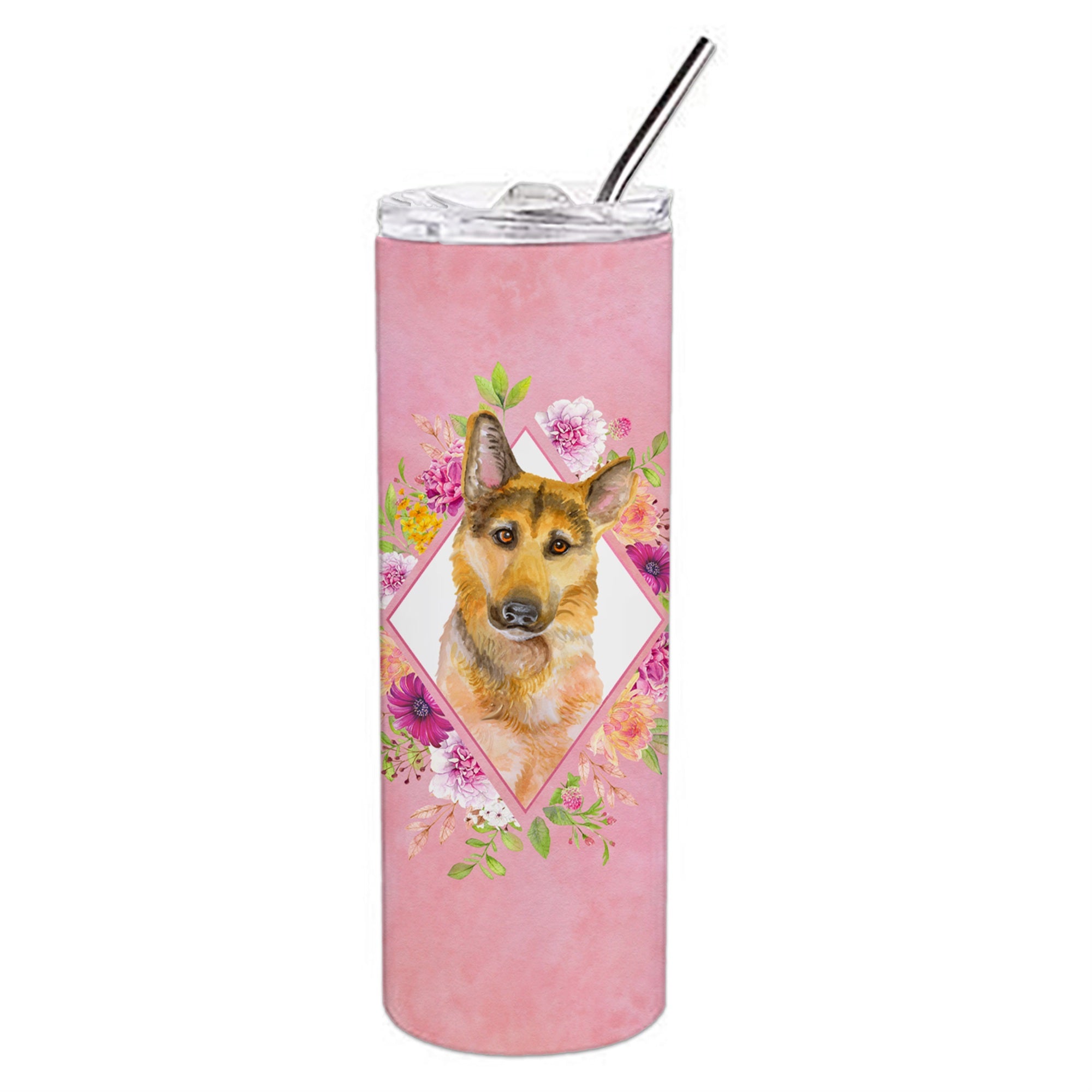 Caroline'S Treasures German Shepherd #2 Pink Flowers Double Walled Stainless Steel 20 Oz Skinny Travel-Insulated-Tumblers, Mul