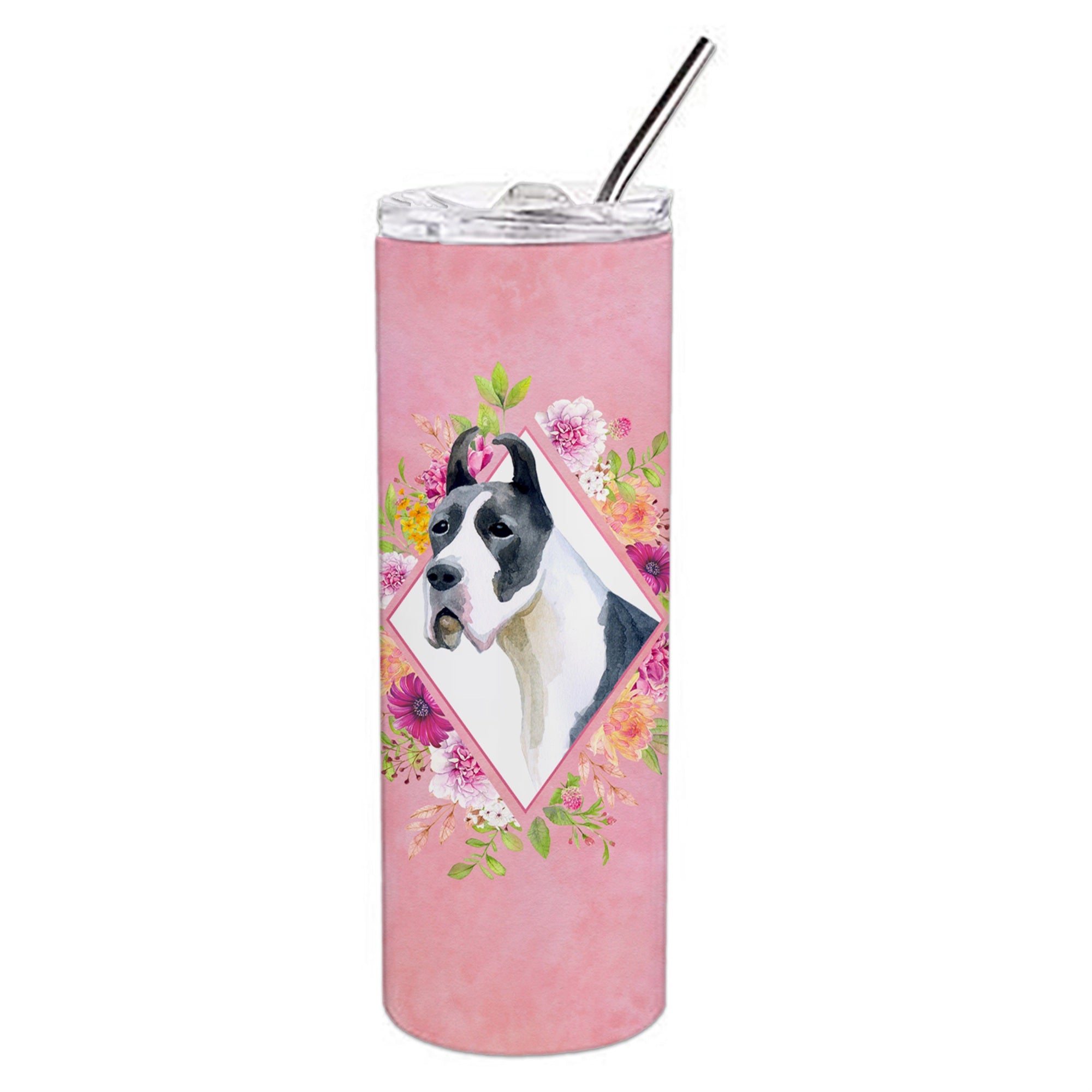 Caroline'S Treasures Dane Pink Flowers Double Walled Stainless Steel 20 Oz Skinny Travel-Insulated-Tumblers, Multicolor