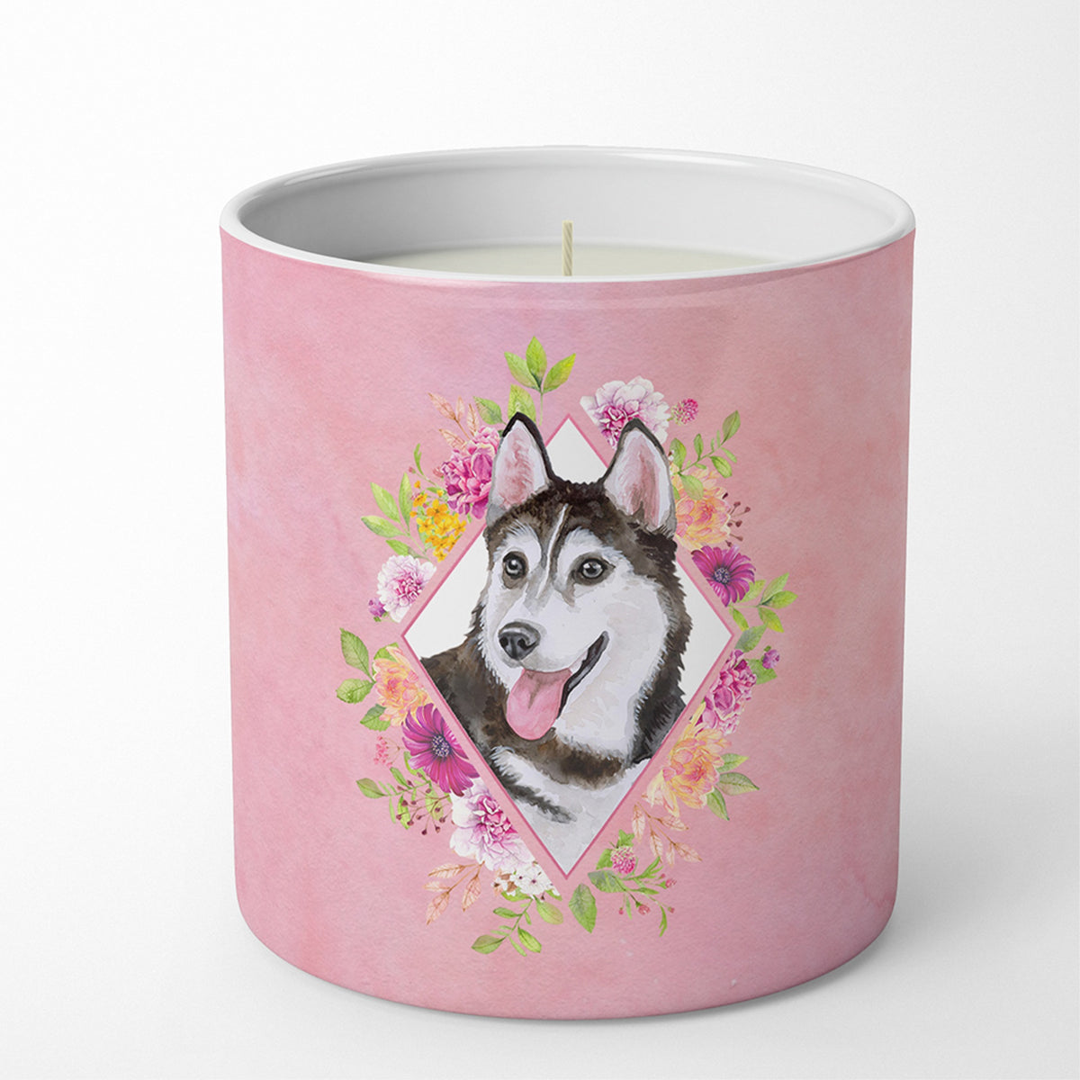 Siberian Husky #1 Pink Flowers 10 Oz Decorative Soy Candle Ck4151Cdl