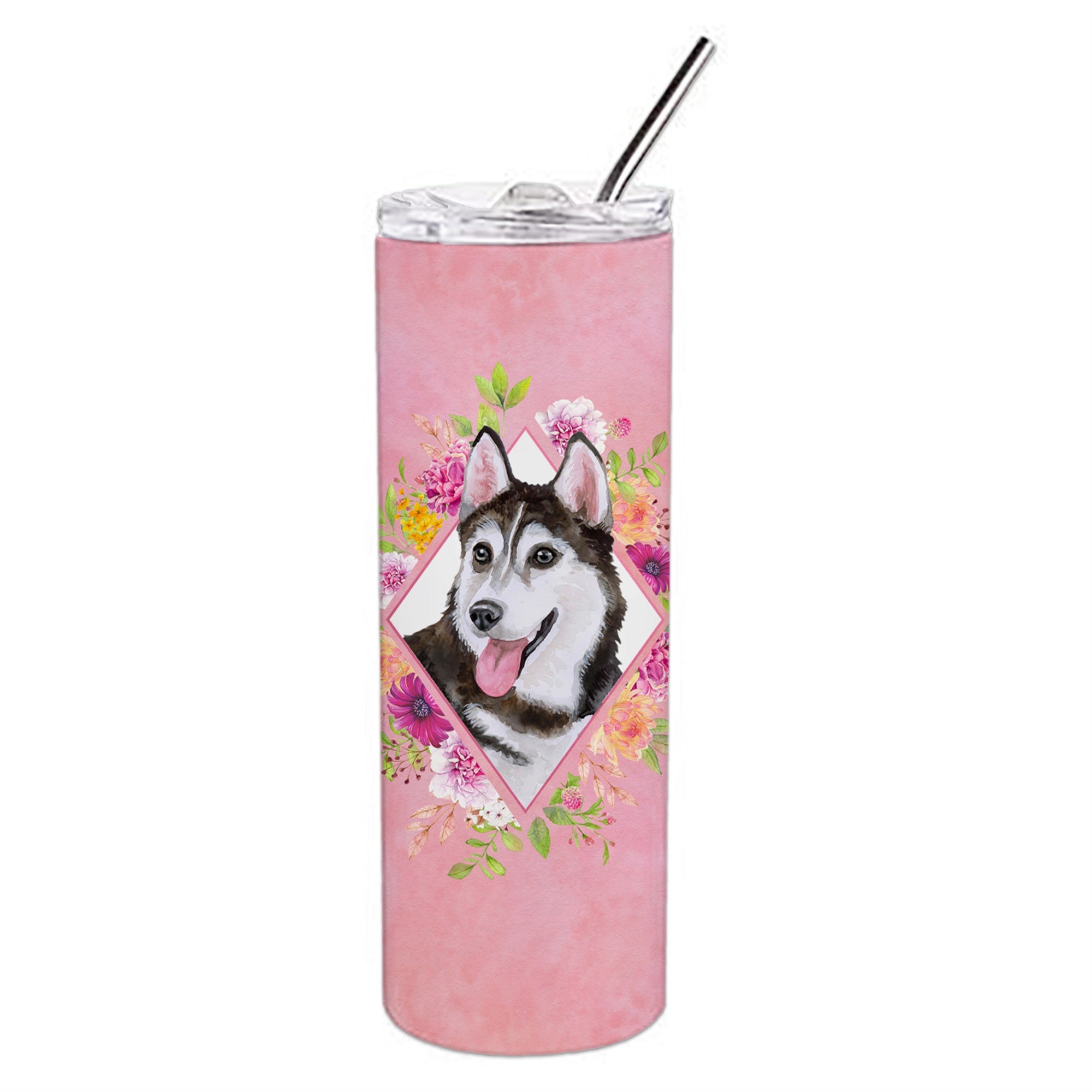 Caroline'S Treasures Siberian Husky #1 Pink Flowers Double Walled Stainless Steel 20 Oz Skinny Travel-Insulated-Tumblers, Mult
