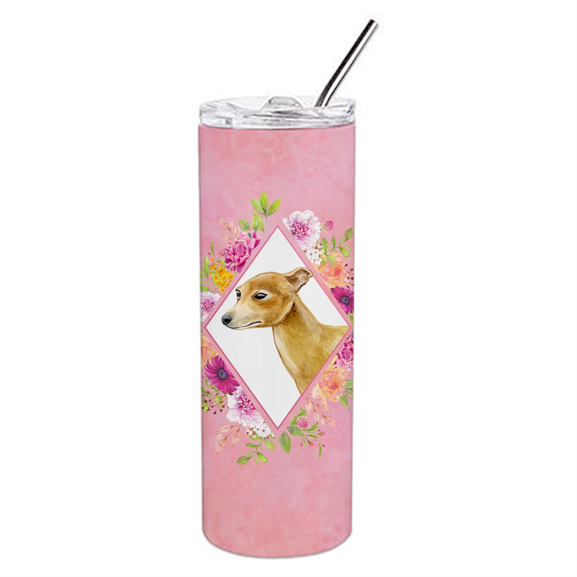 Caroline'S Treasures Italian Greyhound Pink Flowers Double Walled Stainless Steel 20 Oz Skinny Travel-Insulated-Tumblers, Mult