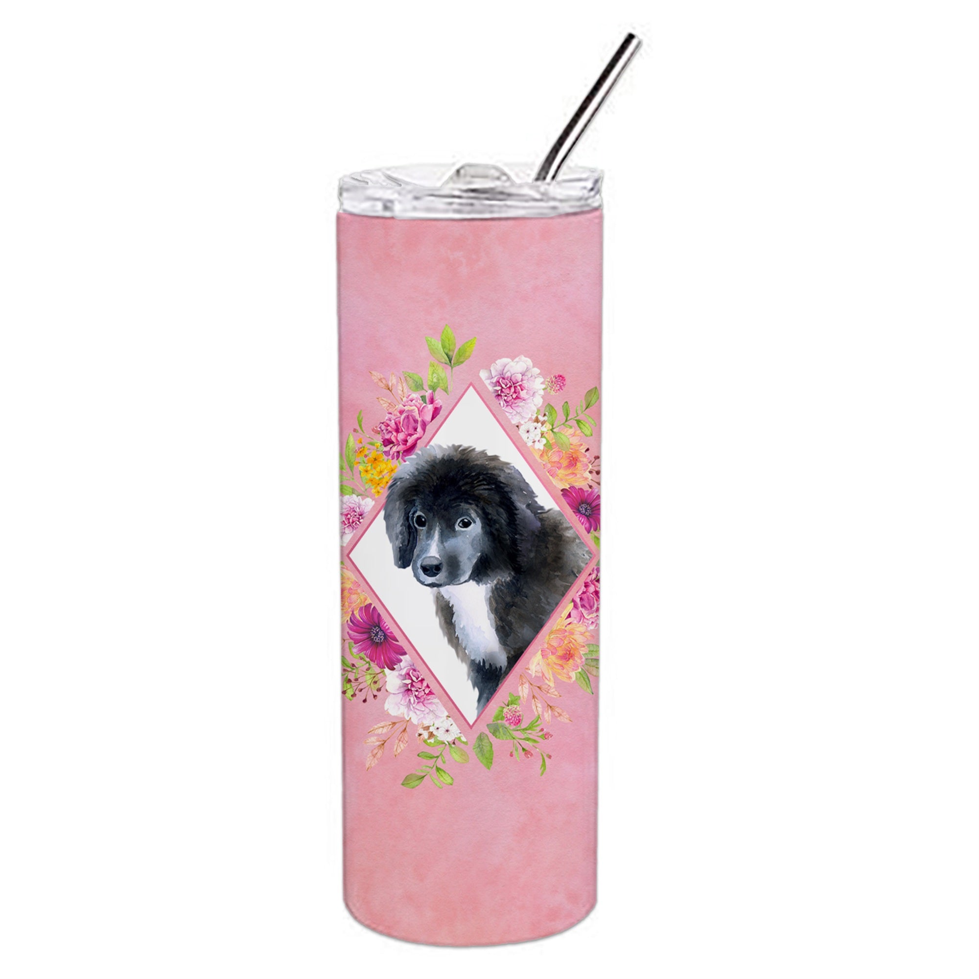 Caroline'S Treasures Newfoundland Puppy Pink Flowers Double Walled Stainless Steel 20 Oz Skinny Travel-Insulated-Tumblers, Mul