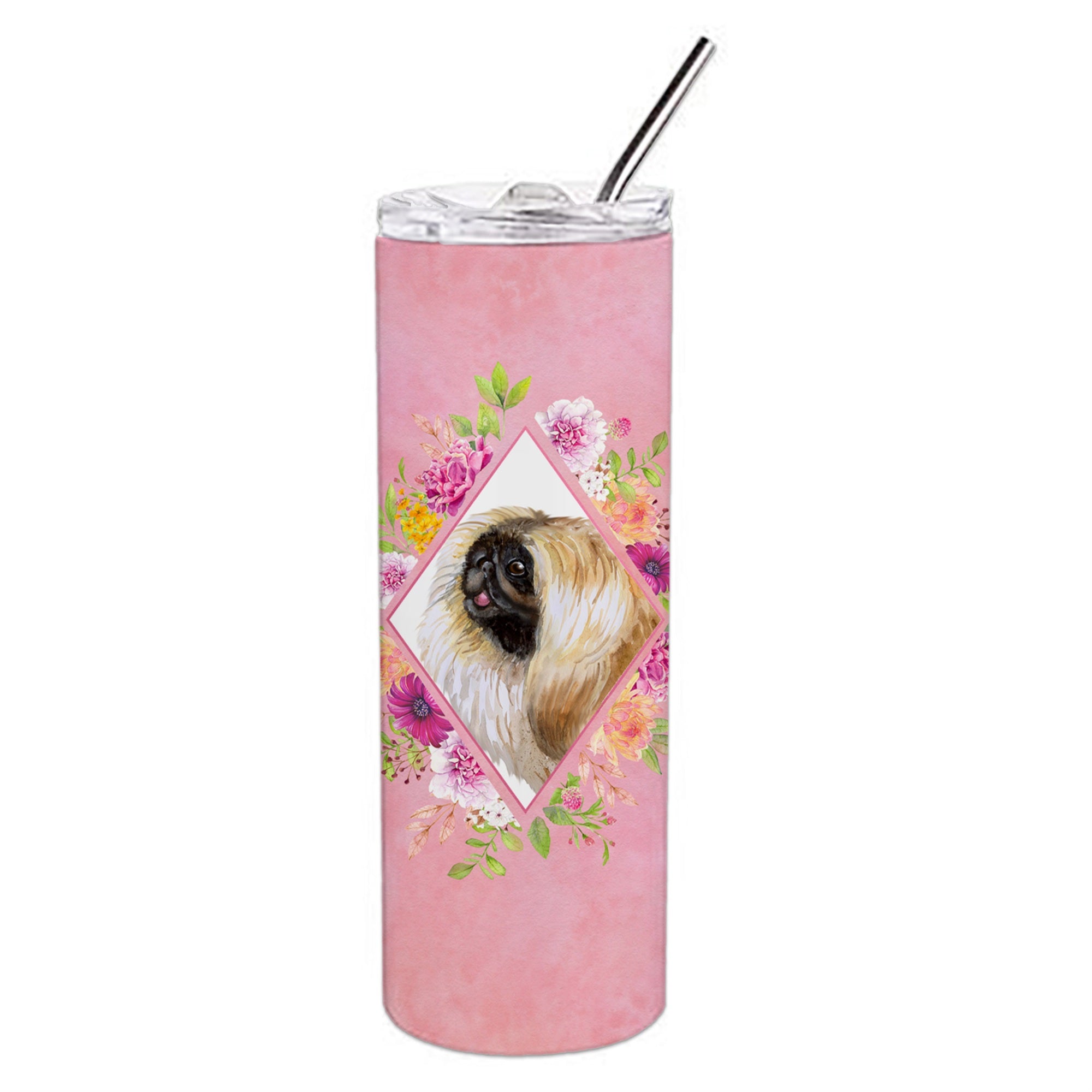 Caroline'S Treasures Pekingese Pink Flowers Double Walled Stainless Steel 20 Oz Skinny Travel-Insulated-Tumblers, Multicolor