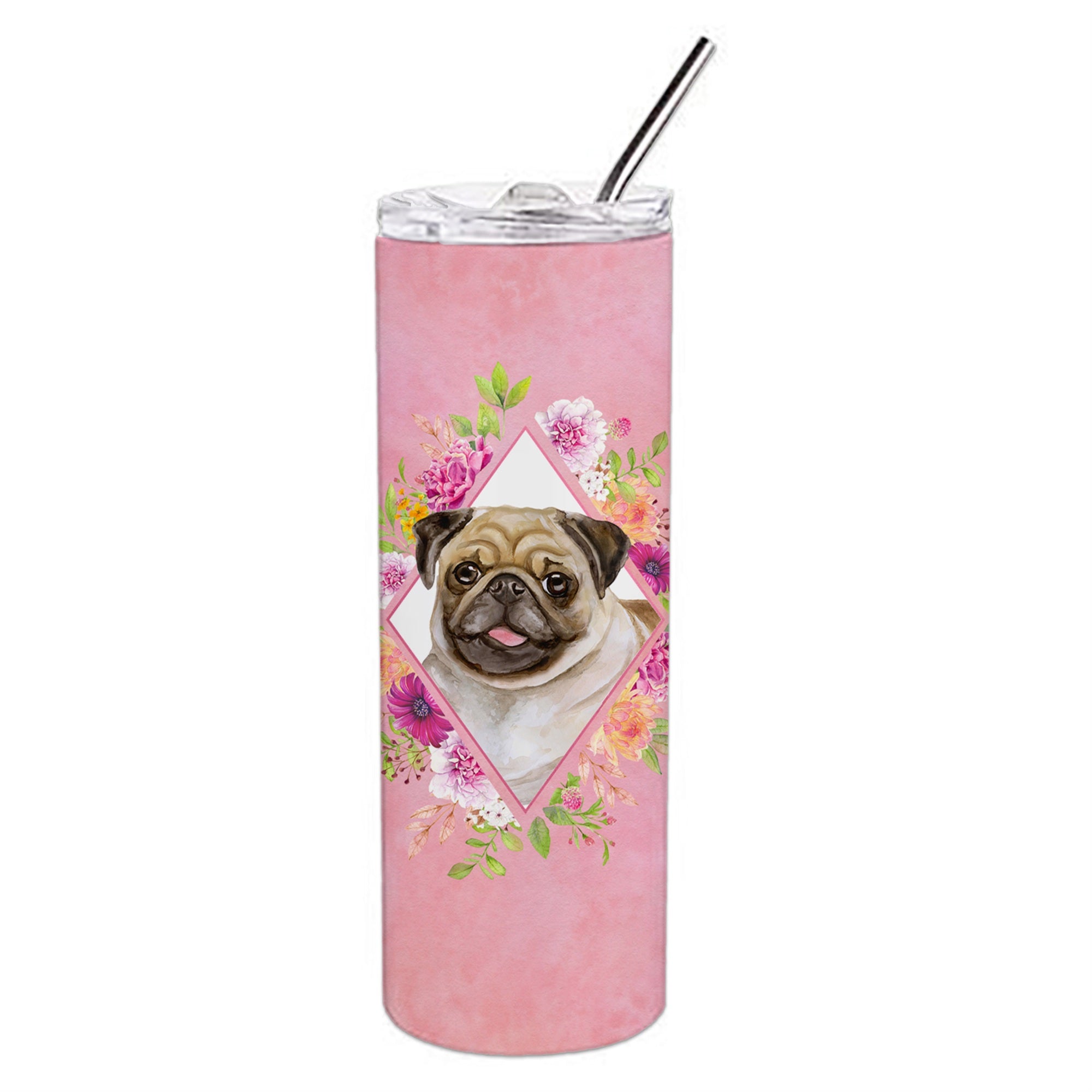 Caroline'S Treasures Fawn Pug Pink Flowers Double Walled Stainless Steel 20 Oz Skinny Travel-Insulated-Tumblers, Multicolor