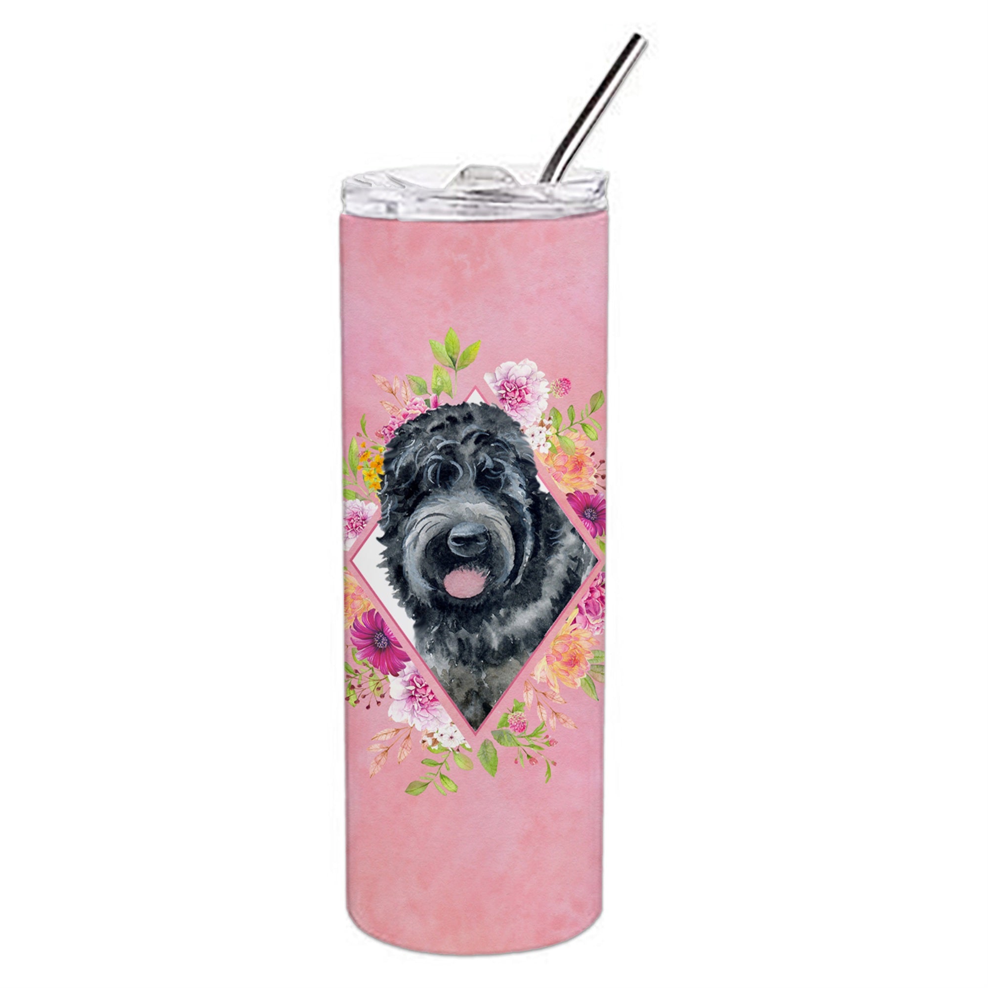 Caroline'S Treasures Russian Black Terrier Pink Flowers Double Walled Stainless Steel 20 Oz Skinny Travel-Insulated-Tumblers,