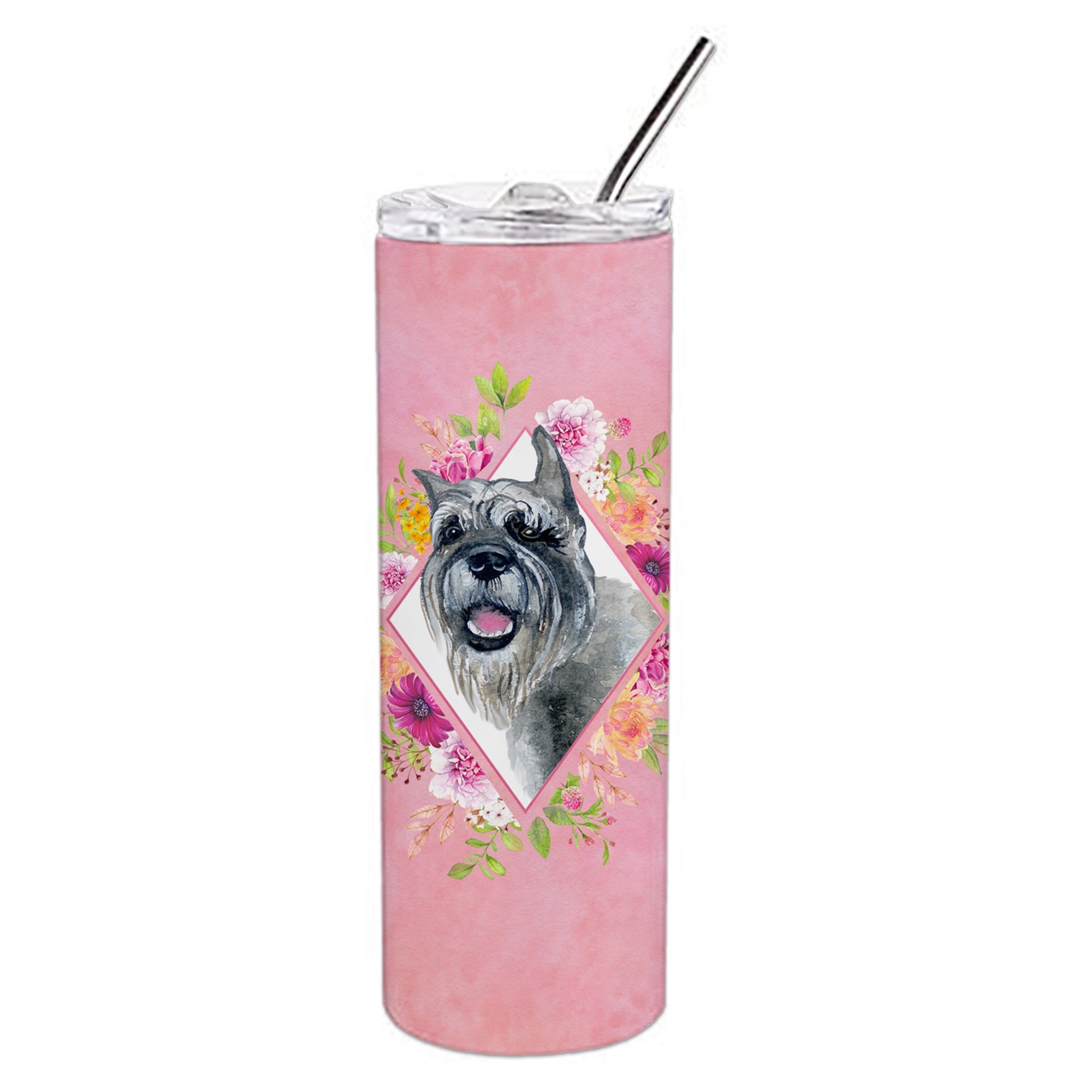 Caroline'S Treasures Schnauzer Pink Flowers Double Walled Stainless Steel 20 Oz Skinny Travel-Insulated-Tumblers, Multicolor