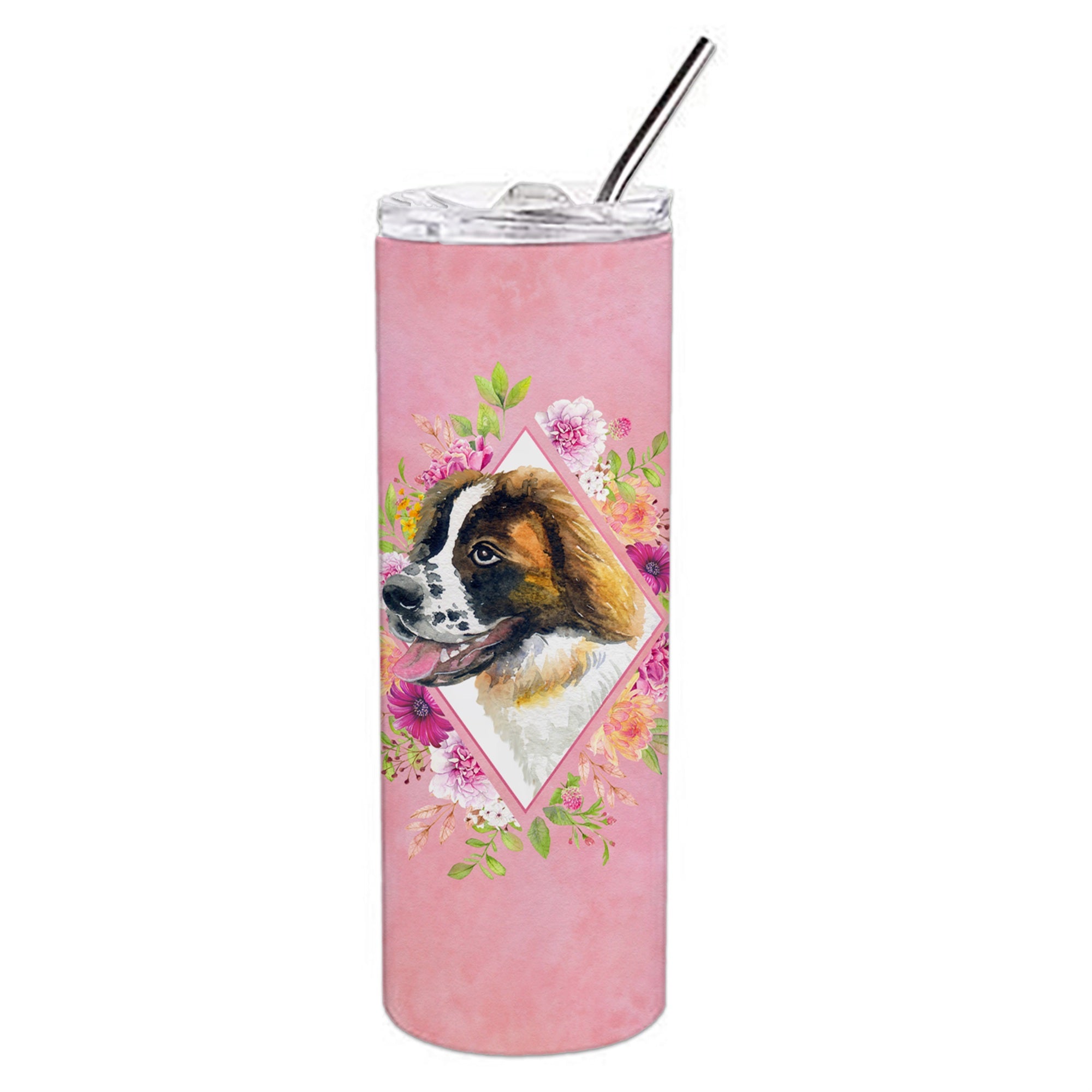 Caroline'S Treasures Saint Bernard #2 Pink Flowers Double Walled Stainless Steel 20 Oz Skinny Travel-Insulated-Tumblers, Multi