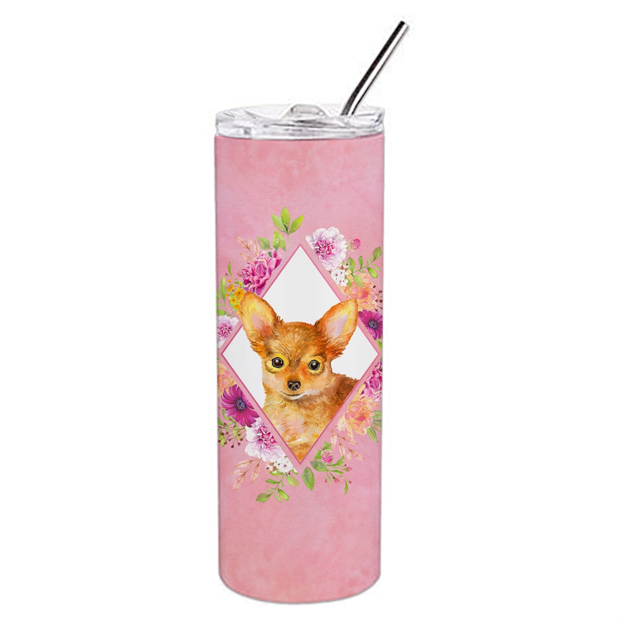 Caroline'S Treasures Toy Terrier Pink Flowers Double Walled Stainless Steel 20 Oz Skinny Travel-Insulated-Tumblers, Multicolor
