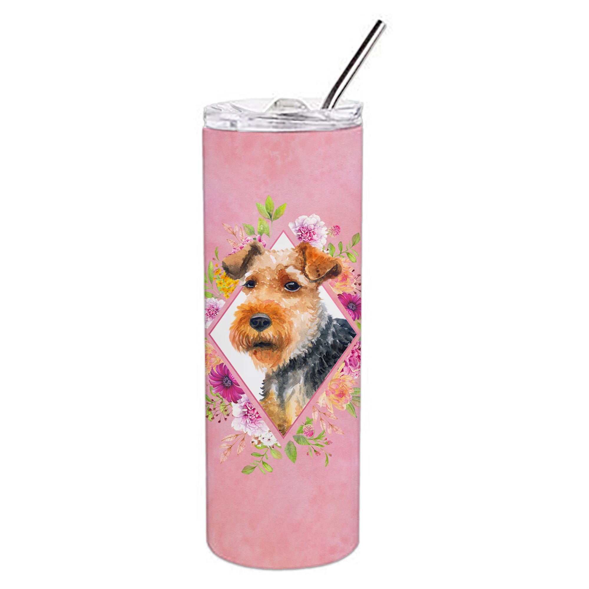 Caroline'S Treasures Welsh Terrier Pink Flowers Double Walled Stainless Steel 20 Oz Skinny Travel-Insulated-Tumblers, Multicol
