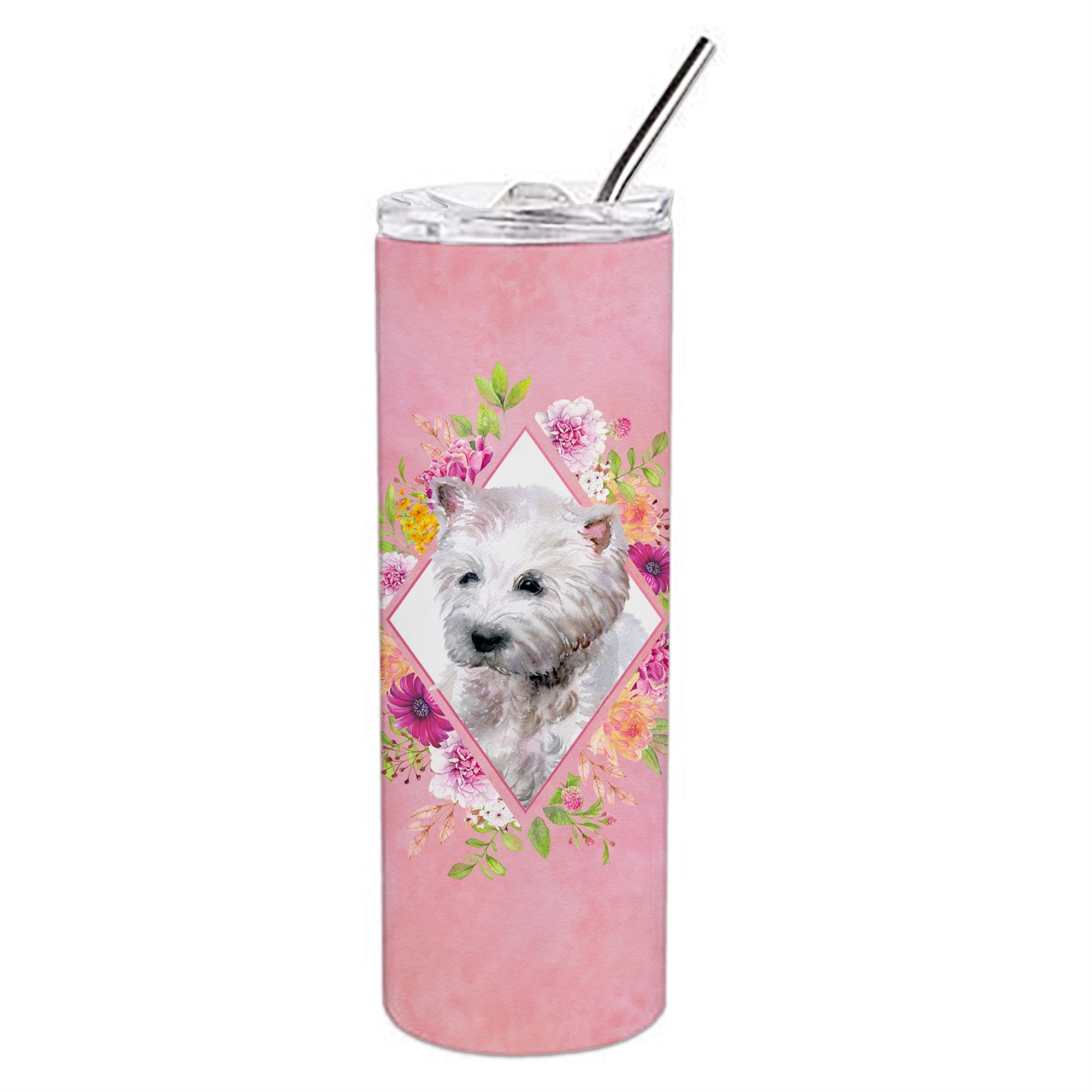 Caroline'S Treasures Westie Pink Flowers Double Walled Stainless Steel 20 Oz Skinny Travel-Insulated-Tumblers, Multicolor