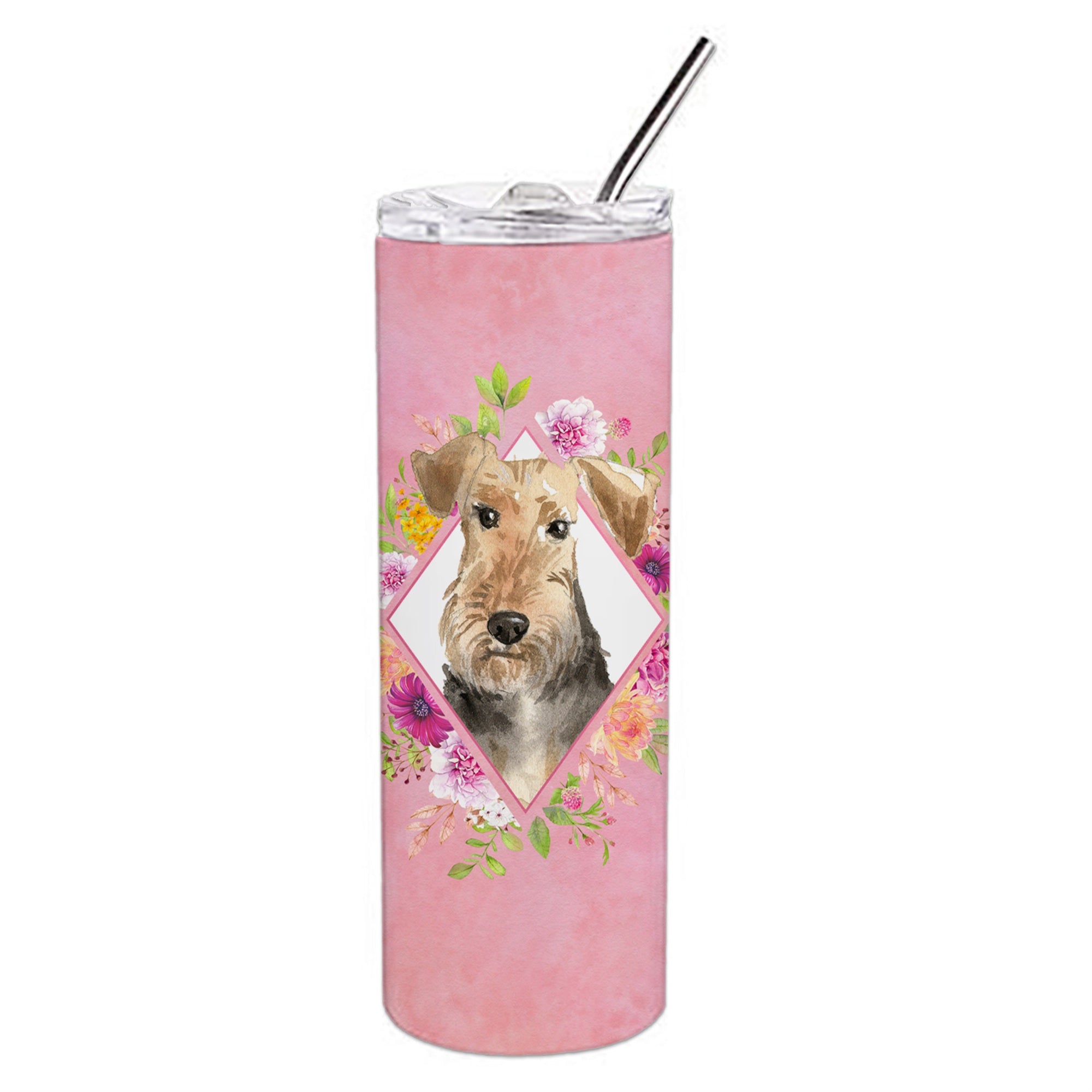 Caroline'S Treasures Airedale Terrier Pink Flowers Double Walled Stainless Steel 20 Oz Skinny Travel-Insulated-Tumblers, Multi