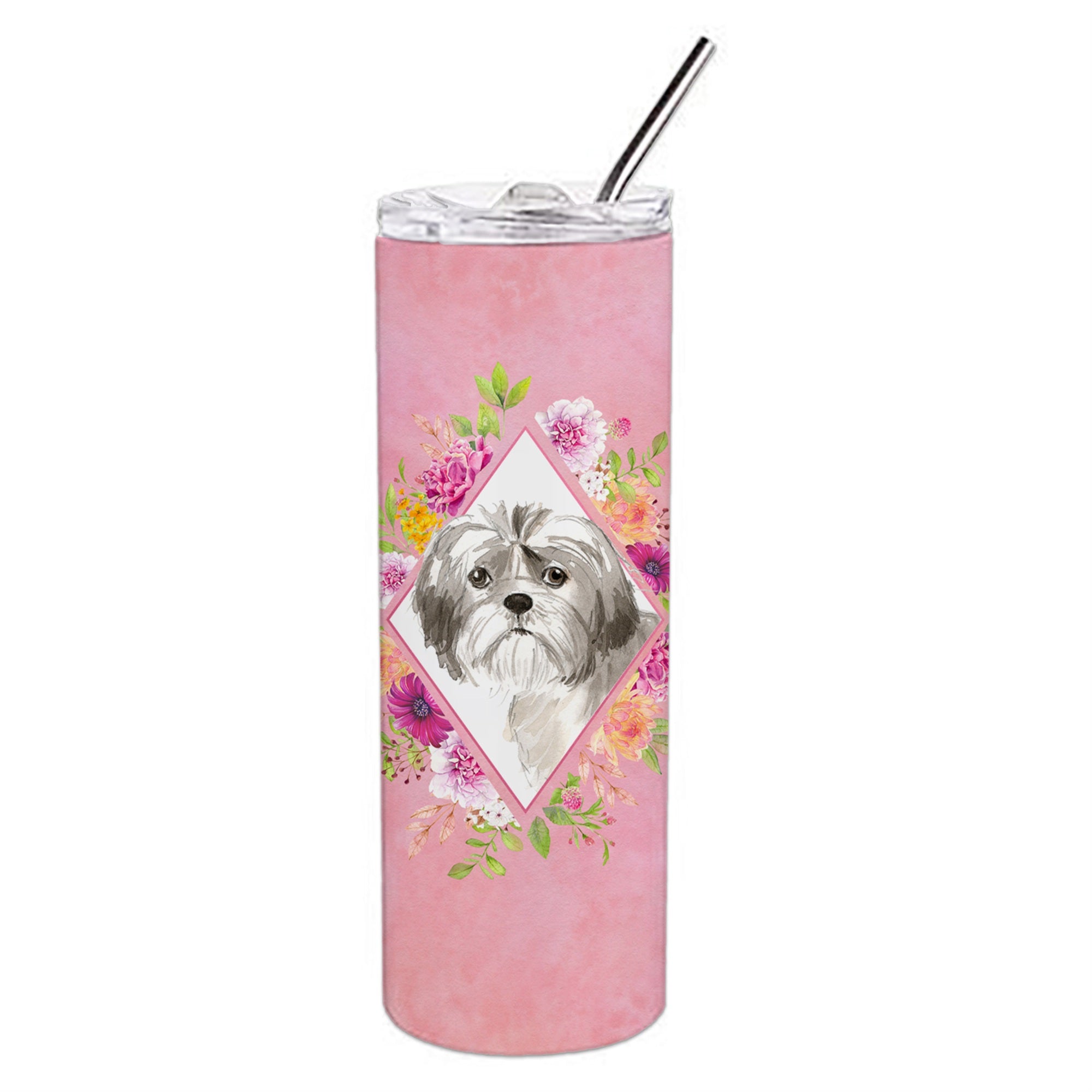 Caroline'S Treasures Shih Tzu Puppy Pink Flowers Double Walled Stainless Steel 20 Oz Skinny Travel-Insulated-Tumblers, Multico